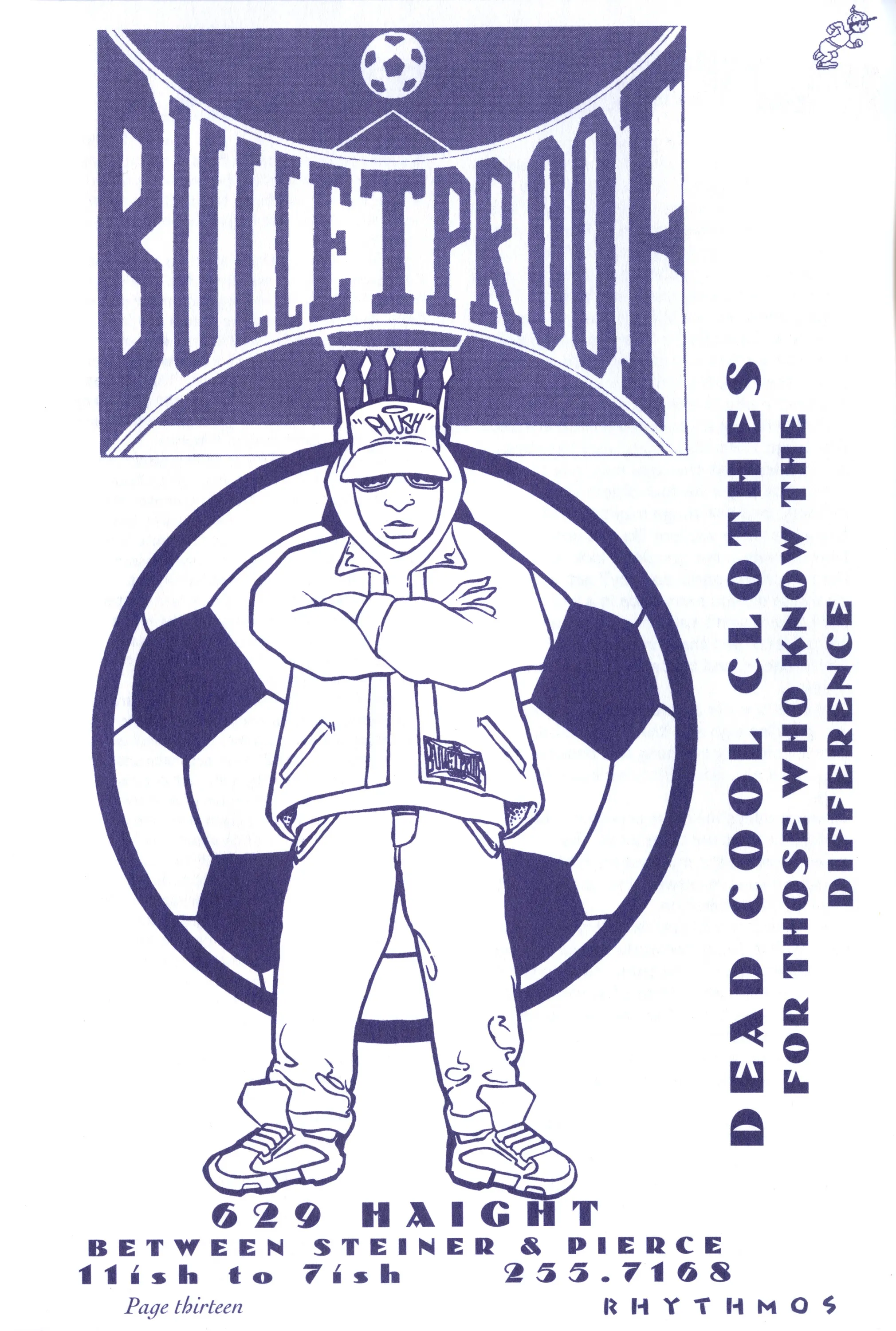 Purple line-art zine ad for Bulletproof clothing showing a figure in cap and hoodie before a soccer ball, with Haight Street address.