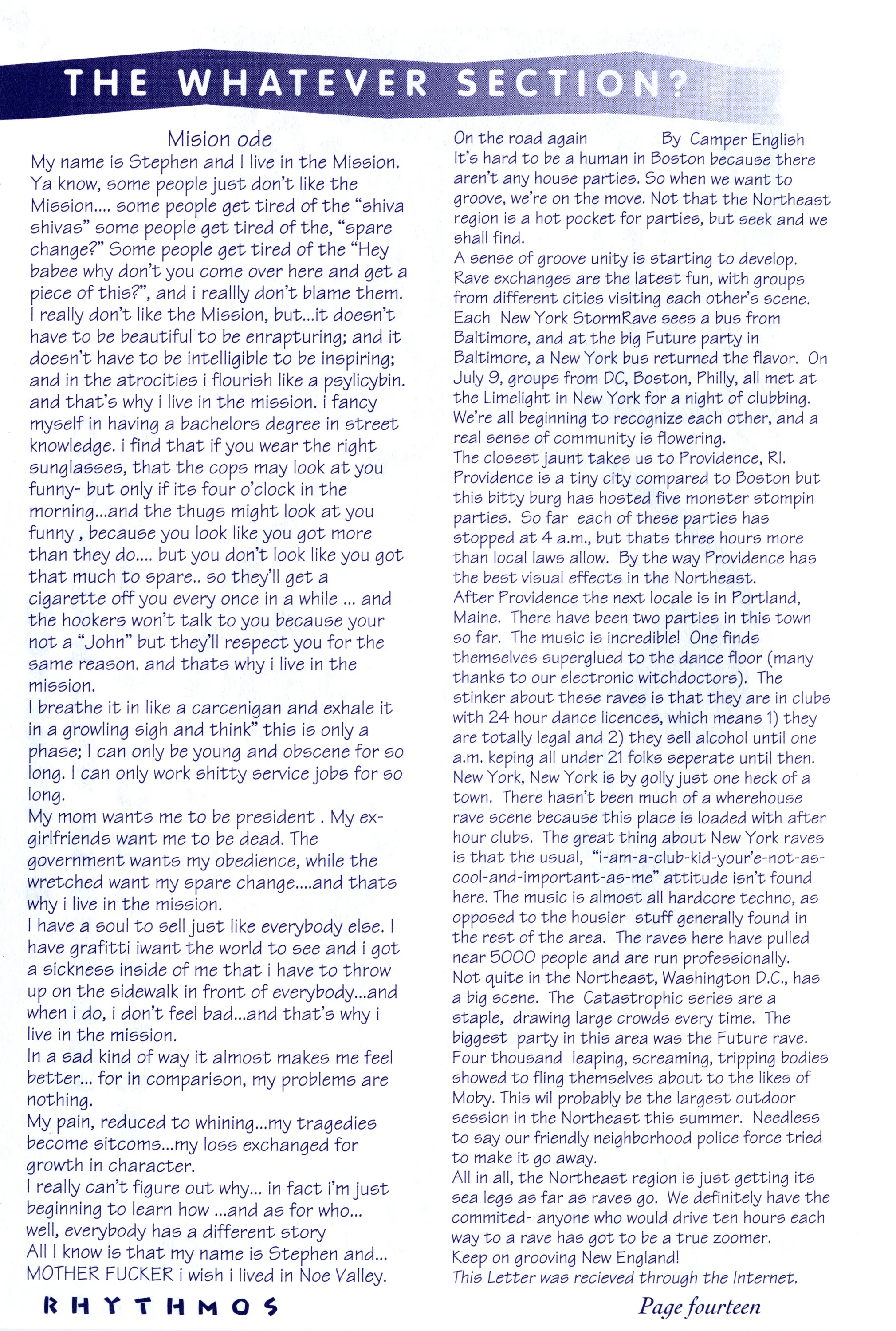 Zine page headed "The Whatever Section?" with two columns of text, "Mision ode" and "On the road again," footer reading Rhythmos, page fourteen.