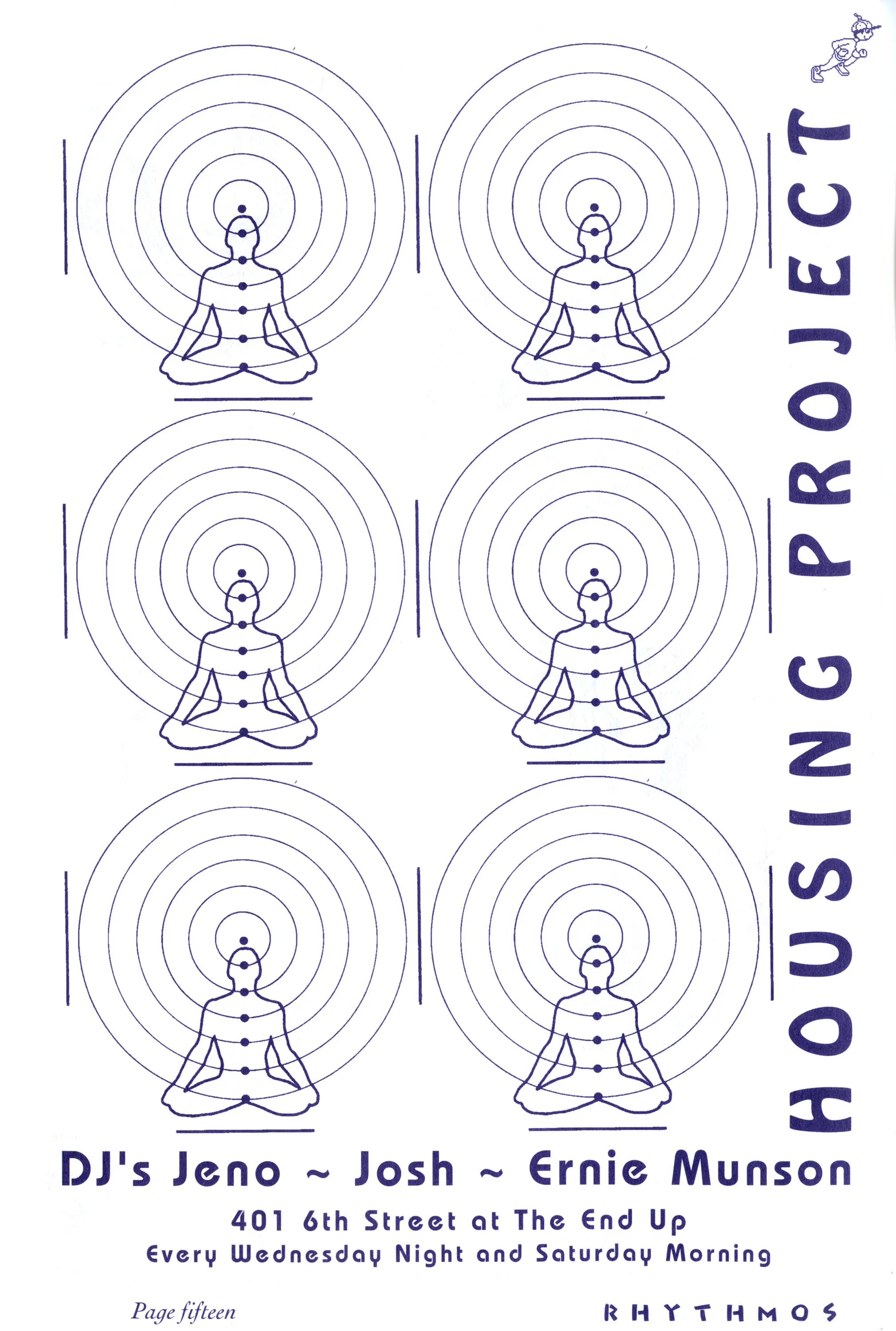 Blue-on-white flyer with six meditating figures in concentric circles, titled "Housing Project" with DJ names and venue details.