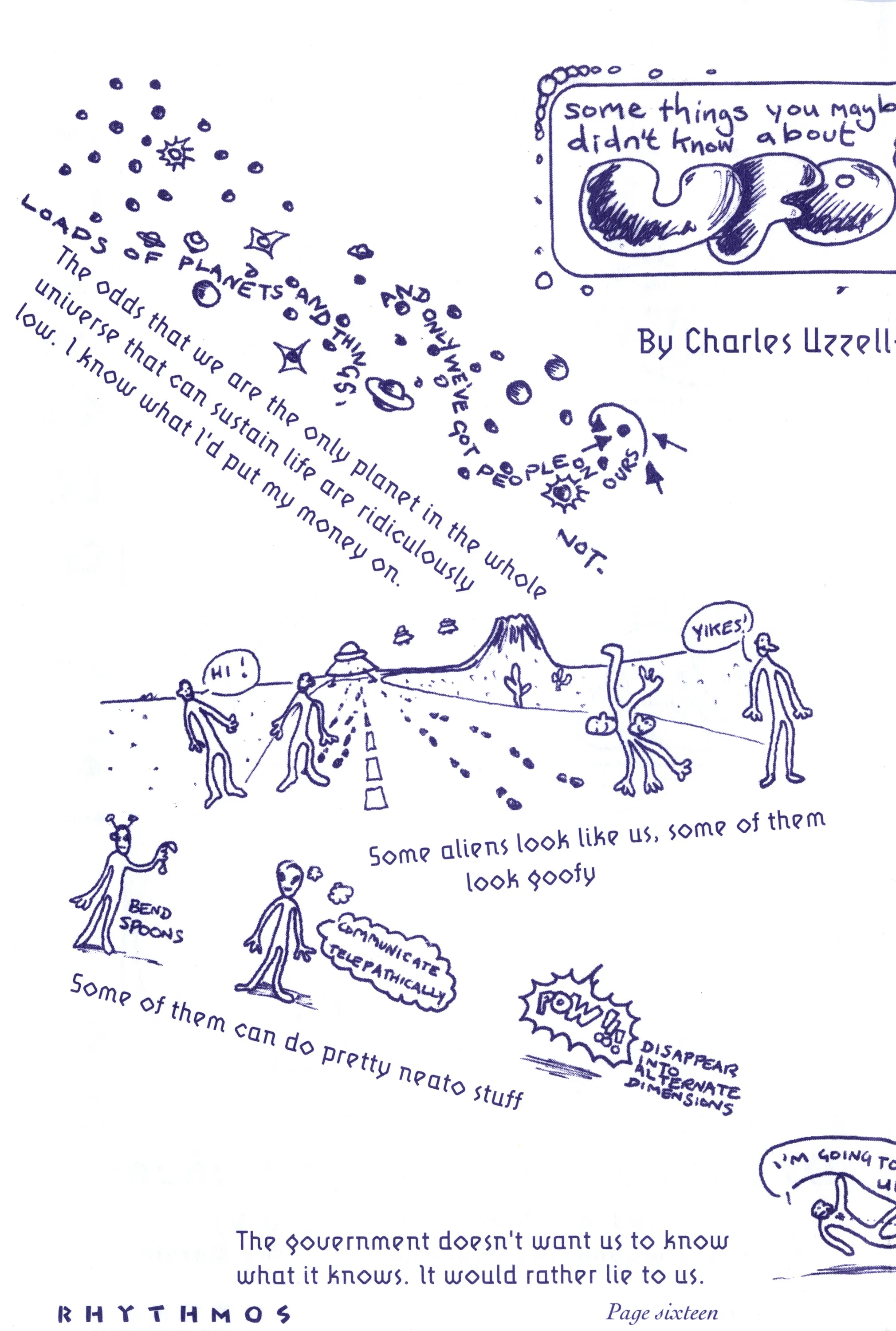 Hand-drawn zine page in blue ink about UFOs, with stick-figure aliens, a flying saucer beaming down, and handwritten captions.