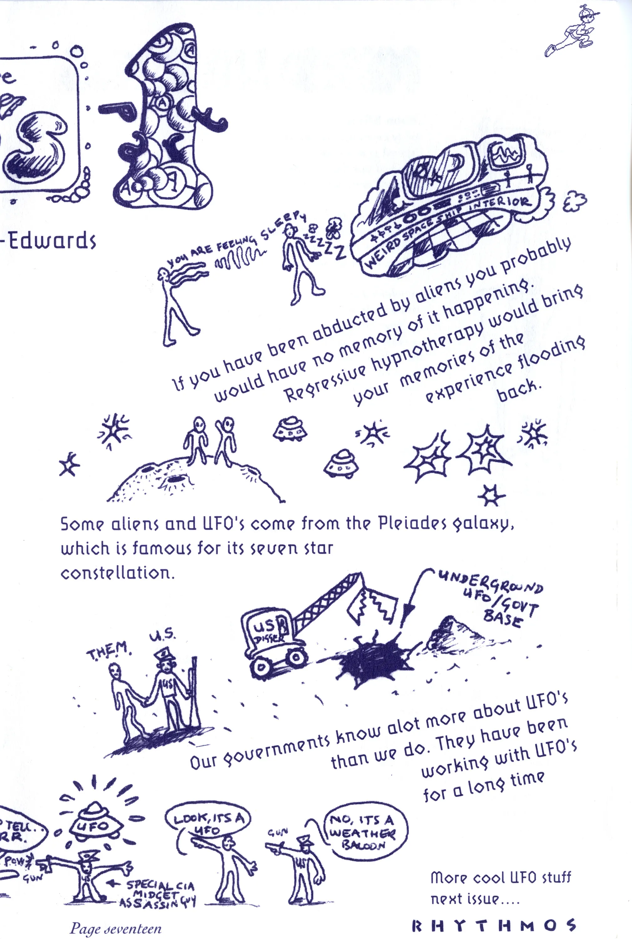 Zine page in blue ink with hand-drawn UFOs, aliens and stick figures alongside handwritten text about abductions, the Pleiades and government UFO bases, signed Rhythmos.
