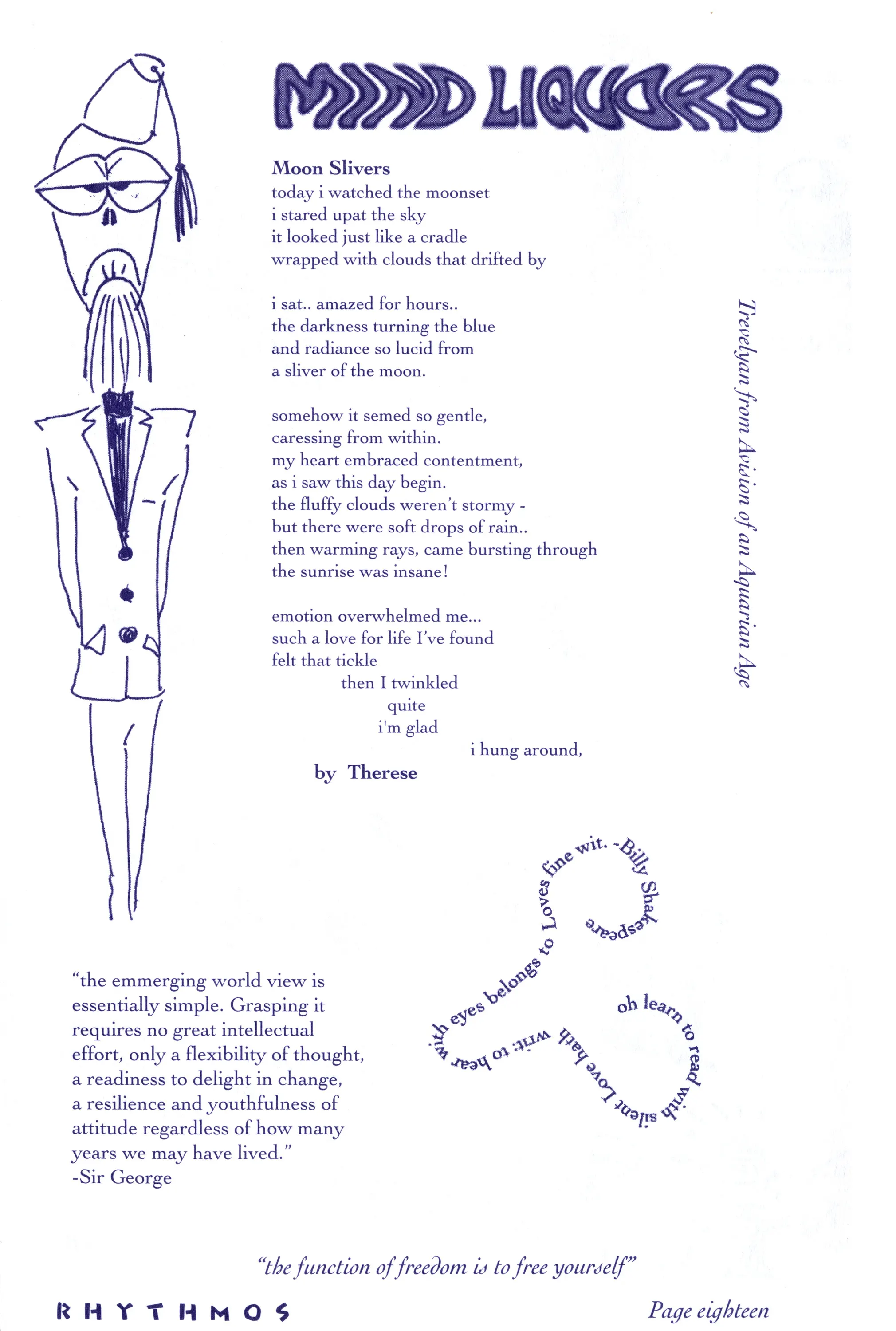 Zine page headed "Mind Liquors" with a poem, a suited figure illustration, and curved text, marked Rhythmos page eighteen.