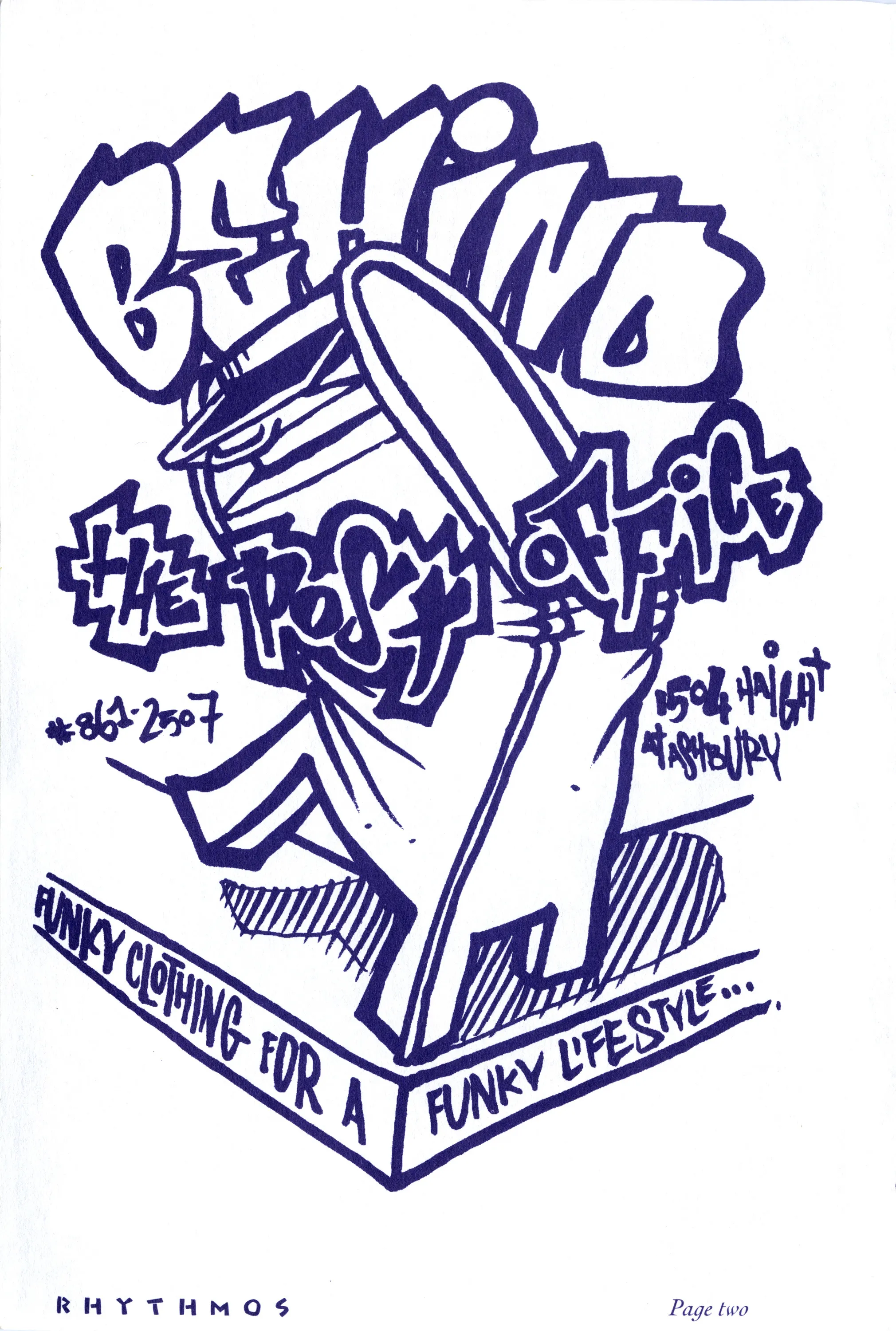 Blue pen zine ad reading "Behind the Post Office, funky clothing for a funky lifestyle," with graffiti letters and a sneaker.