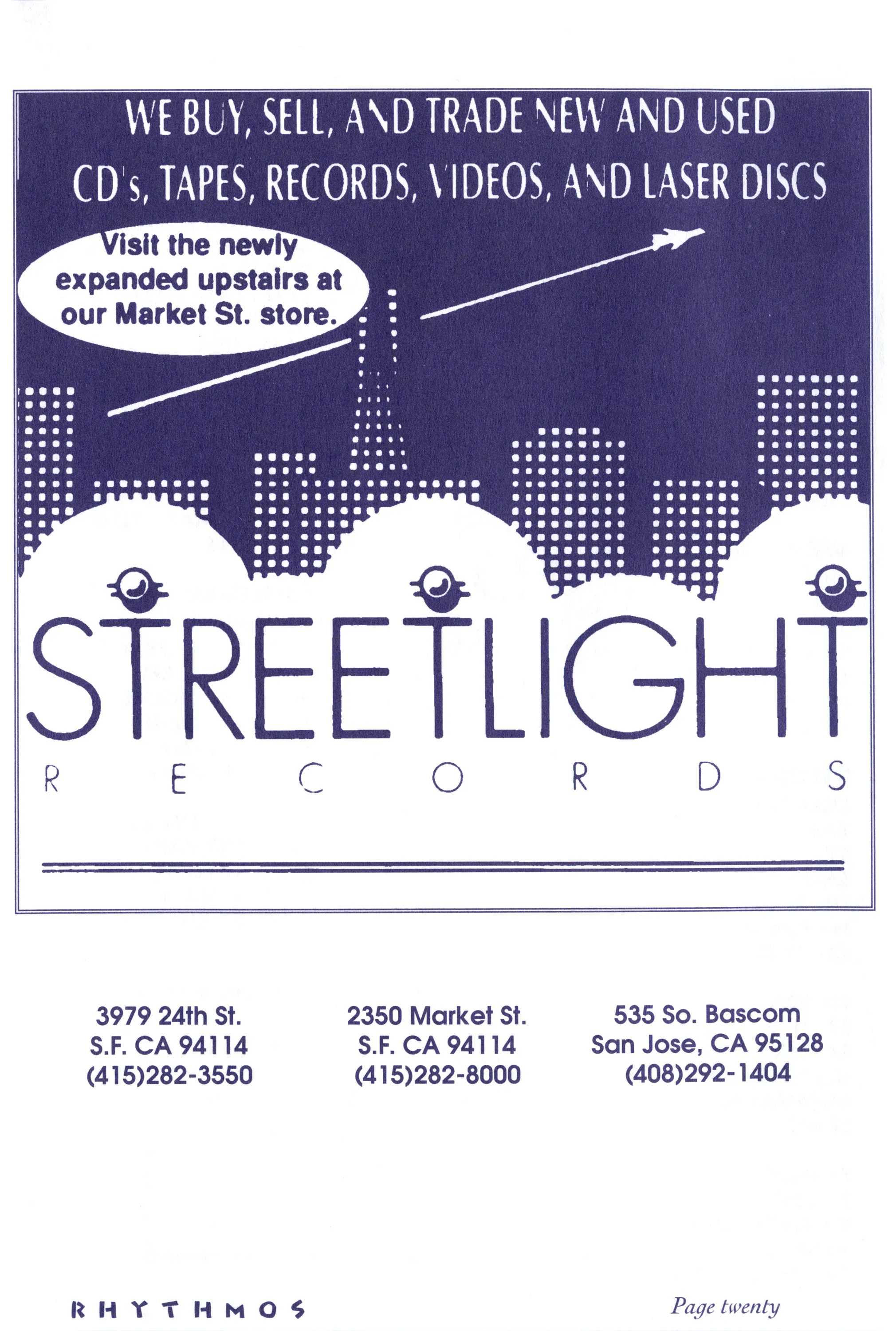 Purple and white Streetlight Records print ad with a city skyline, streetlamps, and San Francisco and San Jose store addresses.