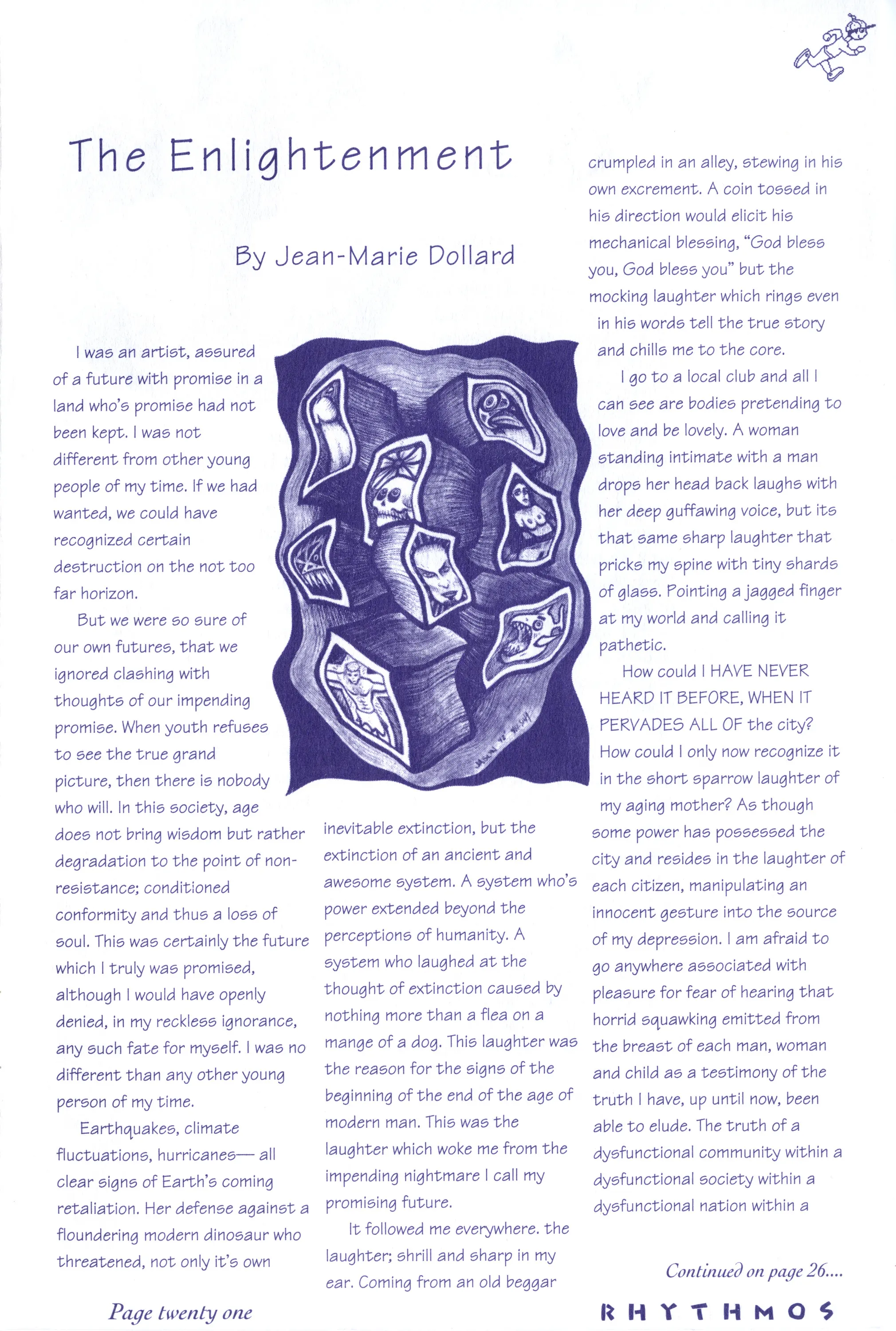 Zine page titled "The Enlightenment" by Jean-Marie Dollard, blue text in columns around an abstract illustration.