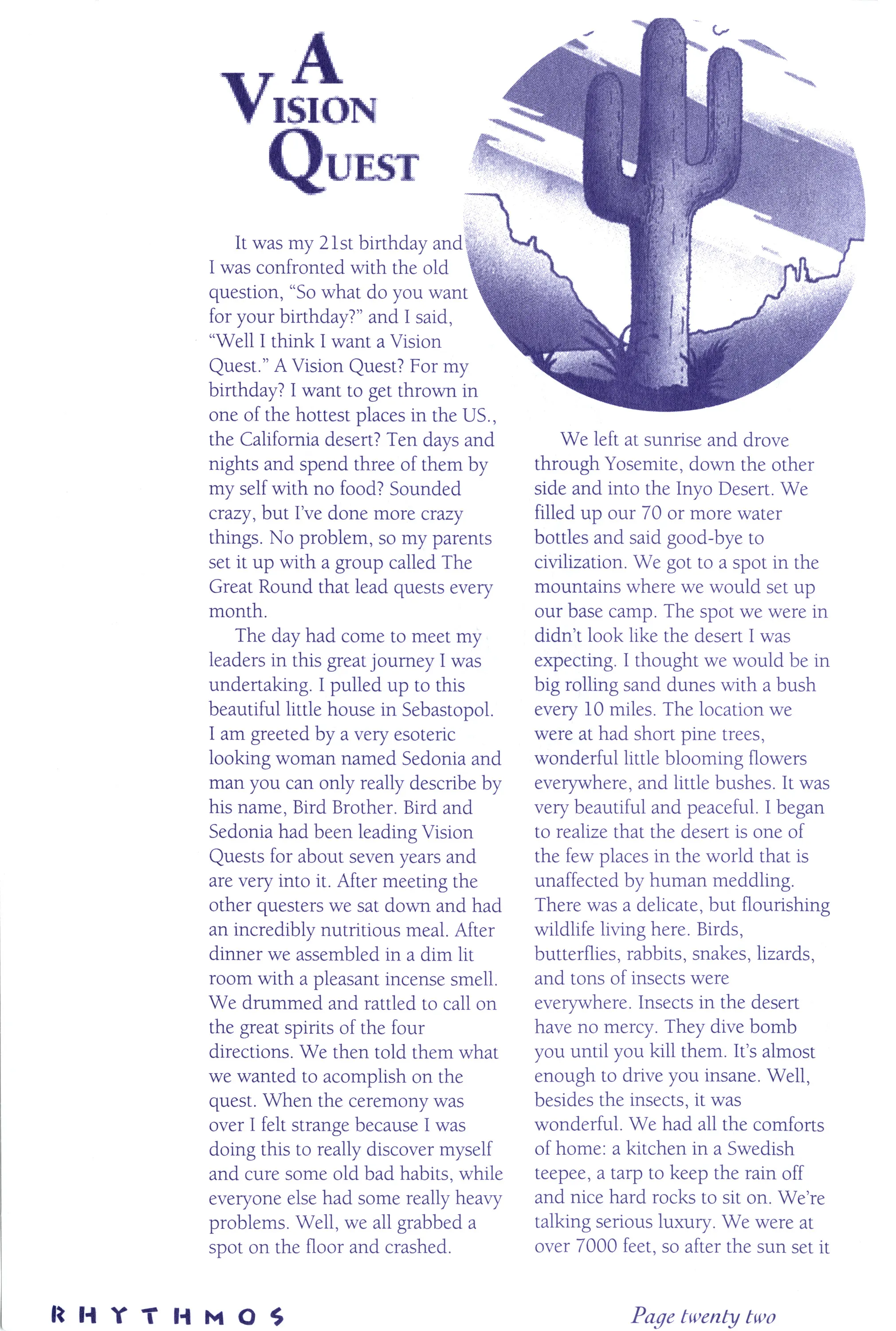 Zine page titled "A Vision Quest" with two columns of text and a purple illustration of a saguaro cactus and mountains, footer reading Rhythmos, Page twenty two.