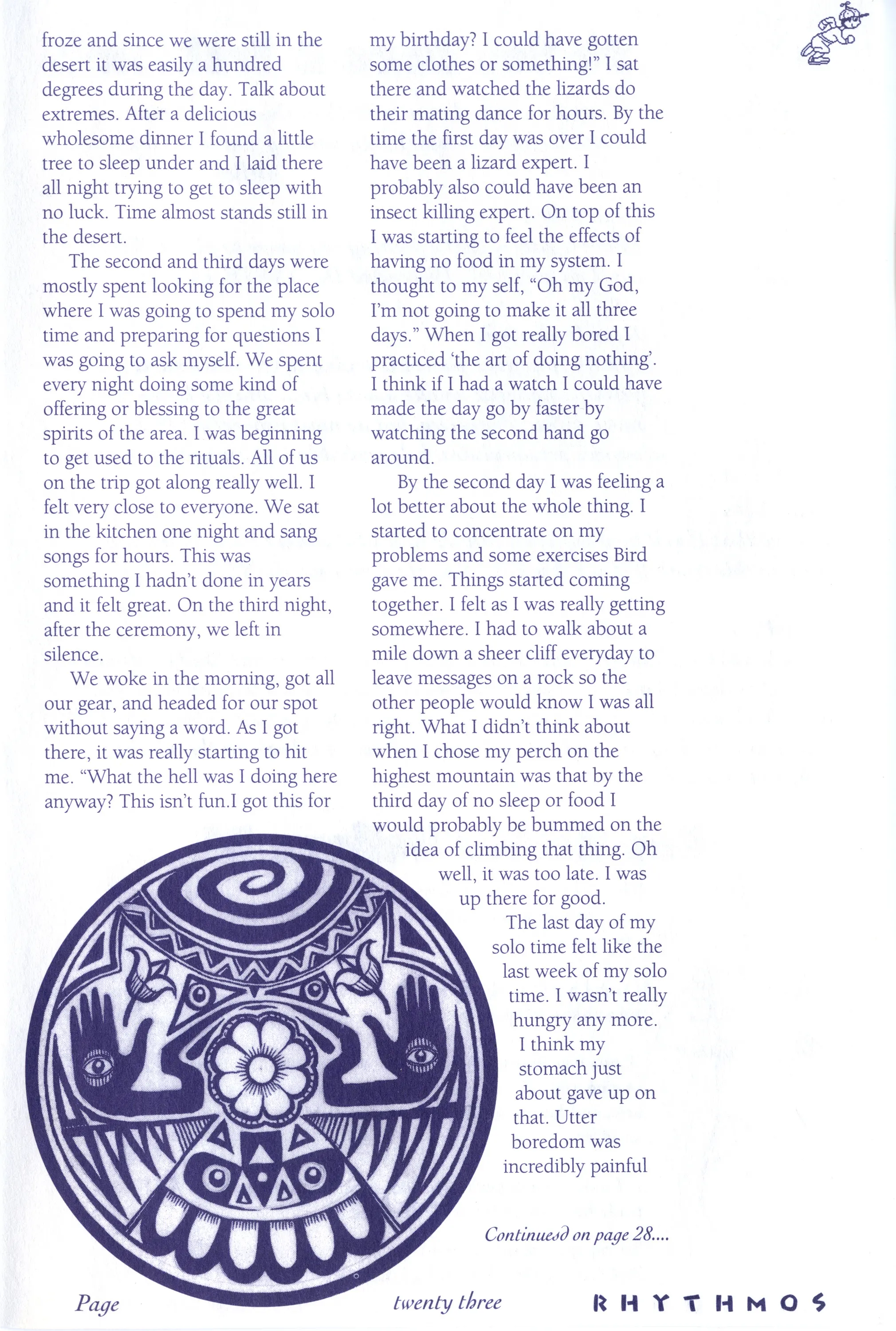 Zine page in purple ink with two columns of text and a large circular tribal-style illustration of figures and a flower, footer reading RHYTHMOS.