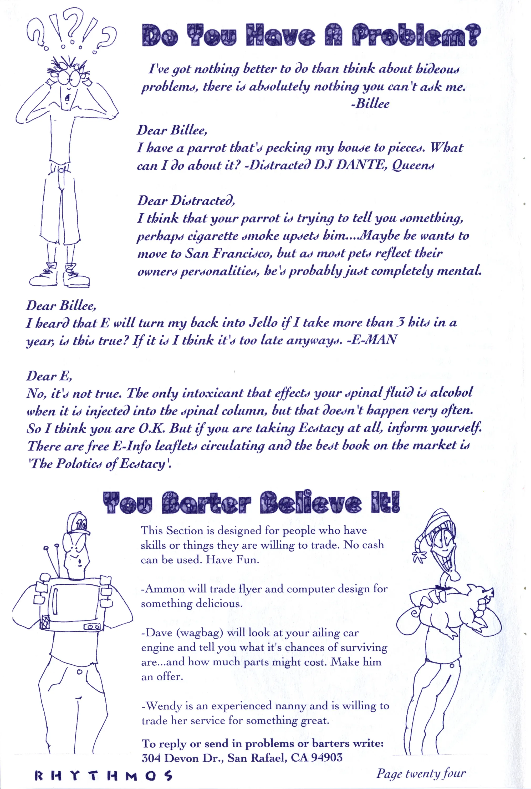 Zine page in blue ink with hand-drawn cartoon figures, an advice column "Do You Have A Problem?" and a barter section.