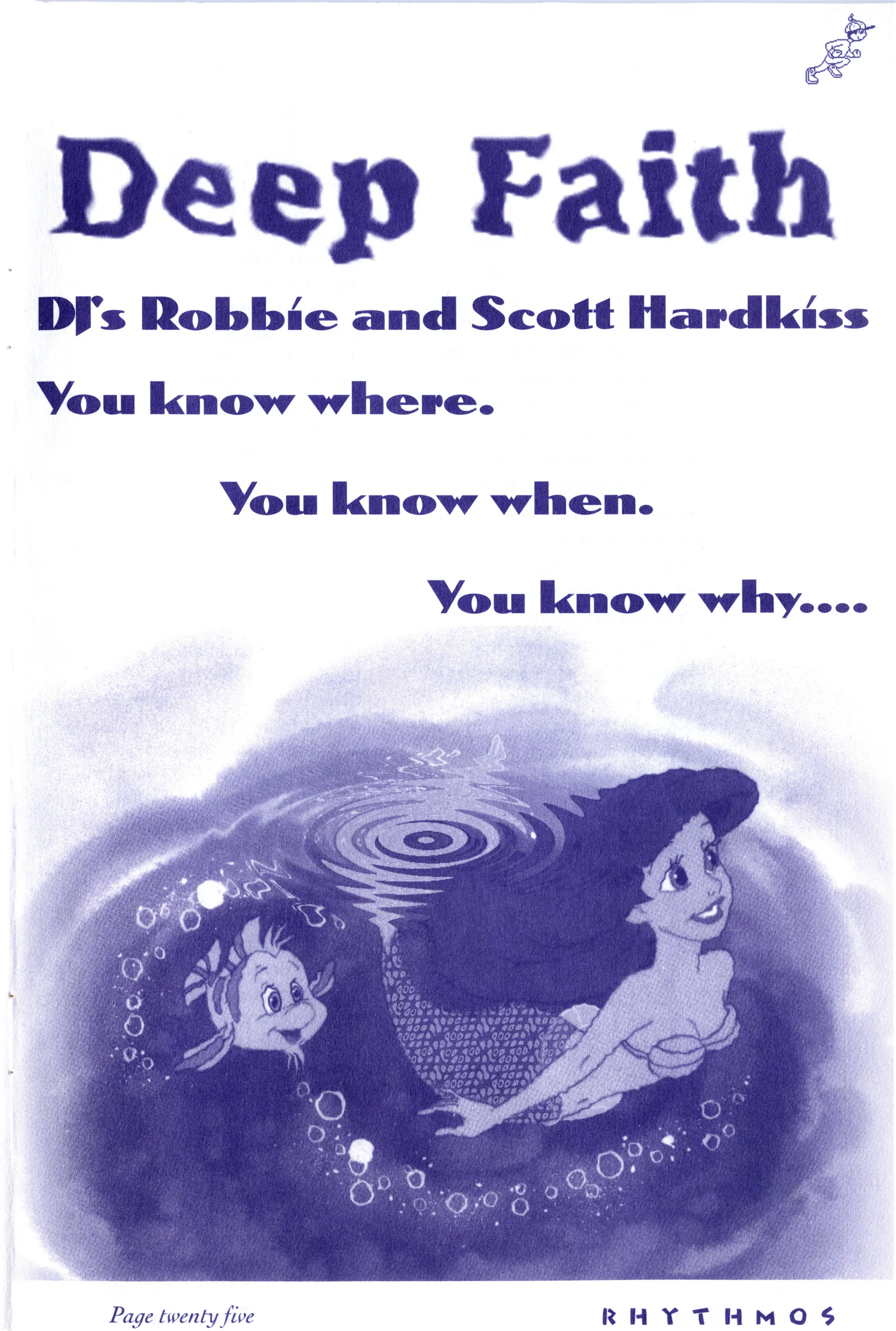 Purple-toned zine flyer reading "Deep Faith, DJ's Robbie and Scott Hardkiss" above a drawing of a mermaid and fish.