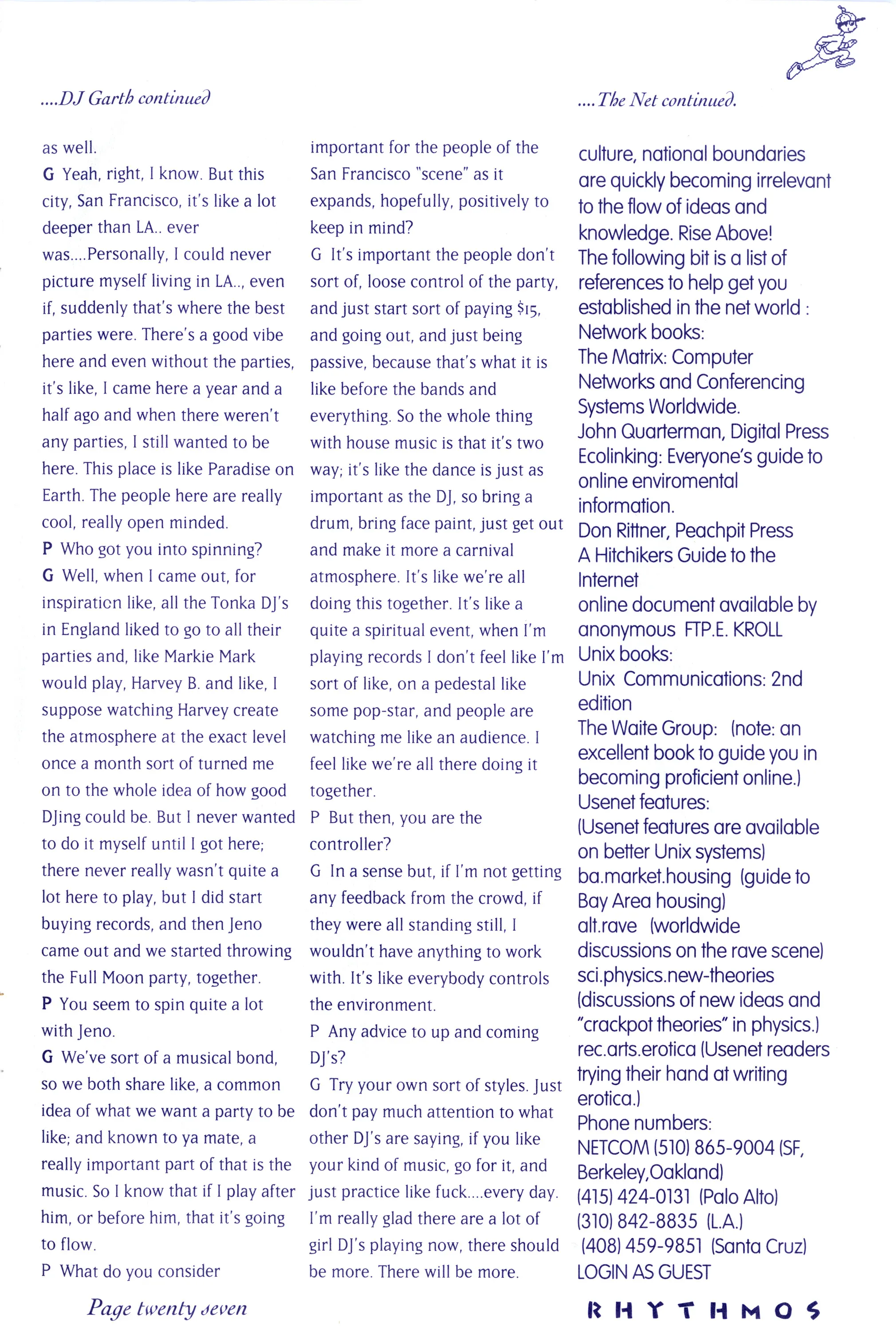 Zine page from Rhythmos, three columns of text continuing a DJ Garth interview and a list of net resources, page twenty seven.