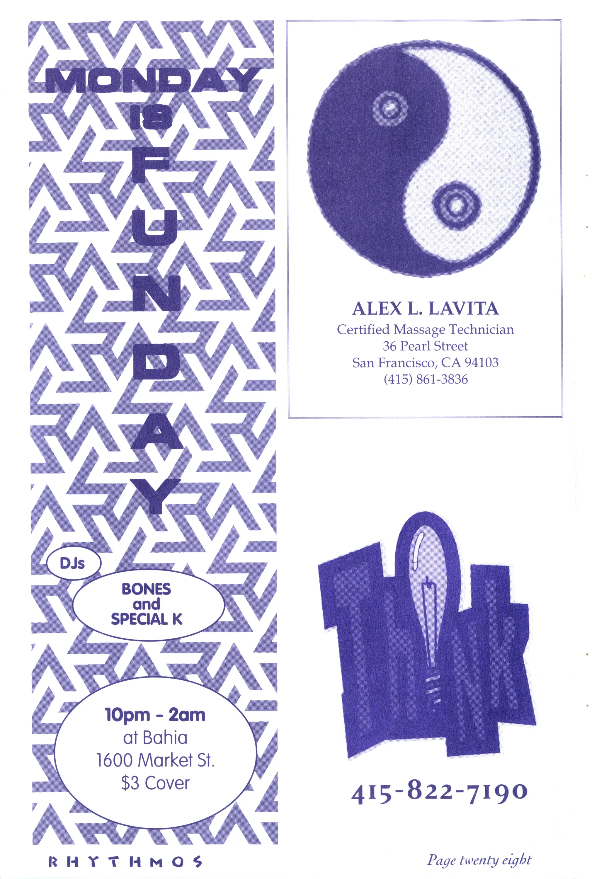 Purple-on-white zine page with a "Monday is Funday" DJ flyer, a yin-yang massage business card, and a "Think" ad.