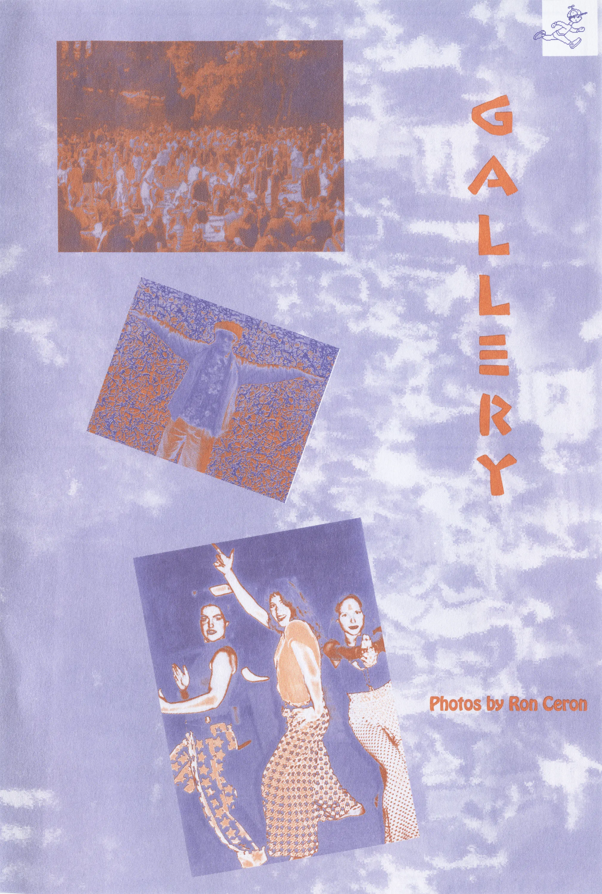 Zine gallery page in blue and orange duotone with three photos of a crowd and dancers, vertical "GALLERY" title, credited "Photos by Ron Ceron".