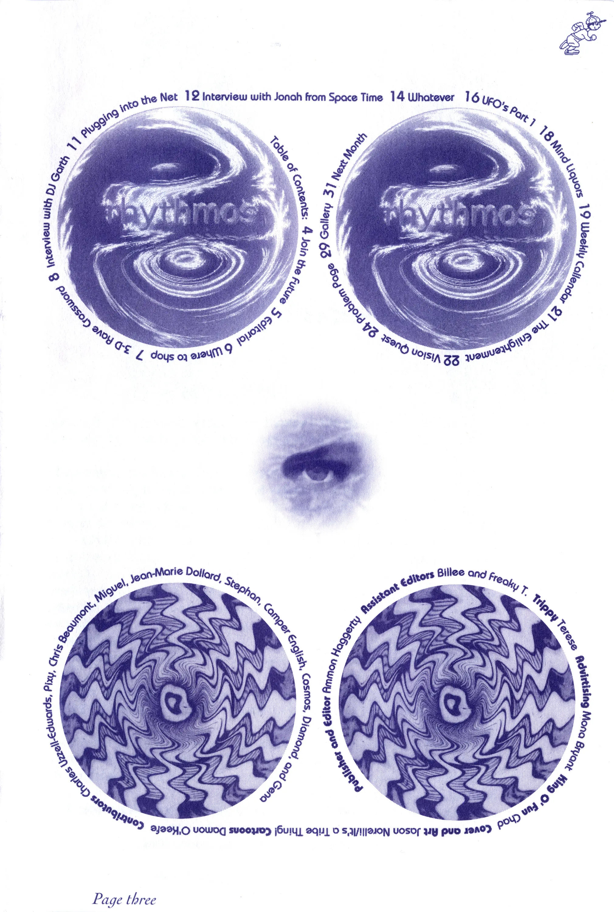 Purple-printed zine contents page with four circular swirl graphics, curved text listing articles and credits, and "Page three".
