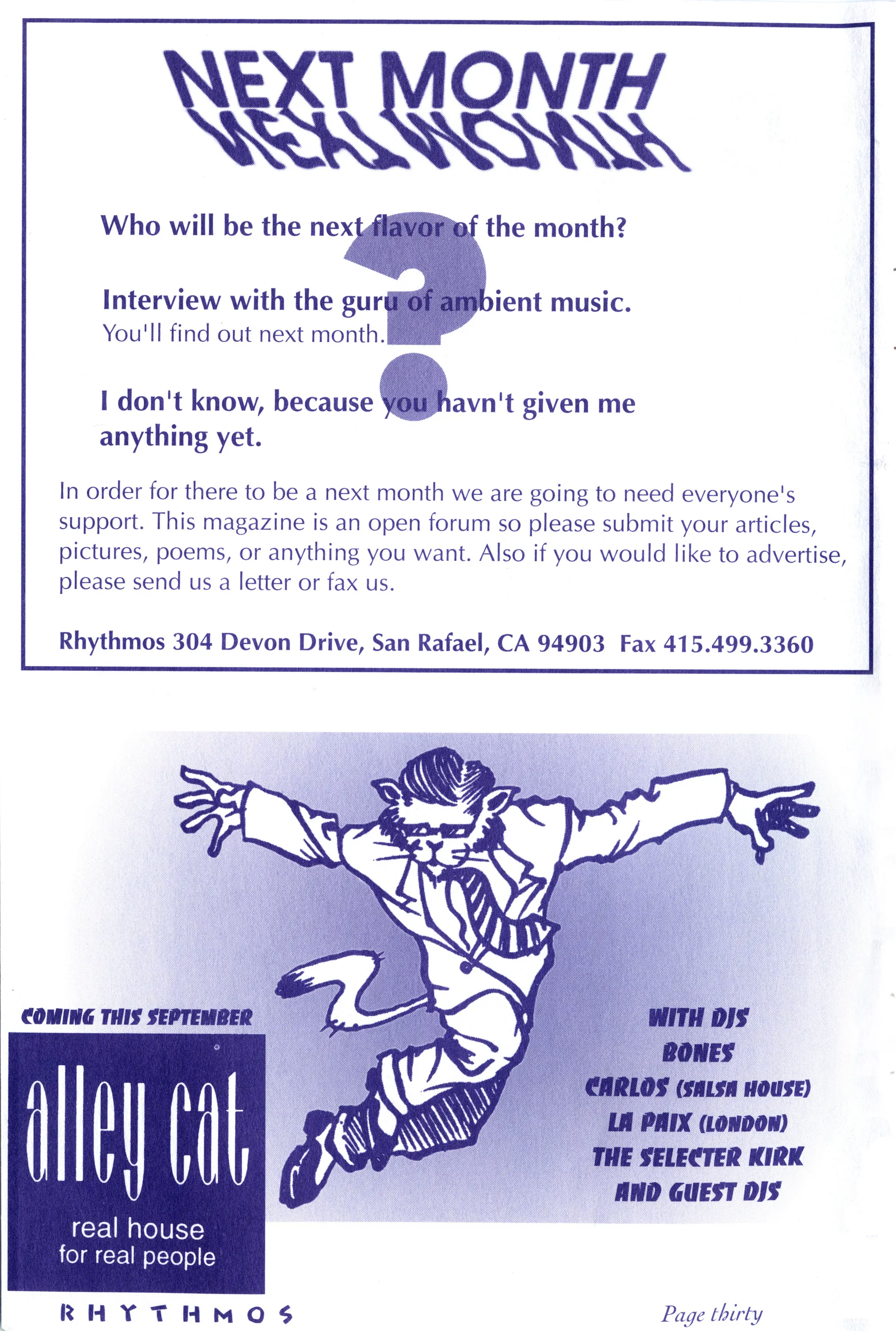 Purple-printed zine page with a "Next Month" preview and an "alley cat" club ad showing a leaping cartoon cat and DJ list.