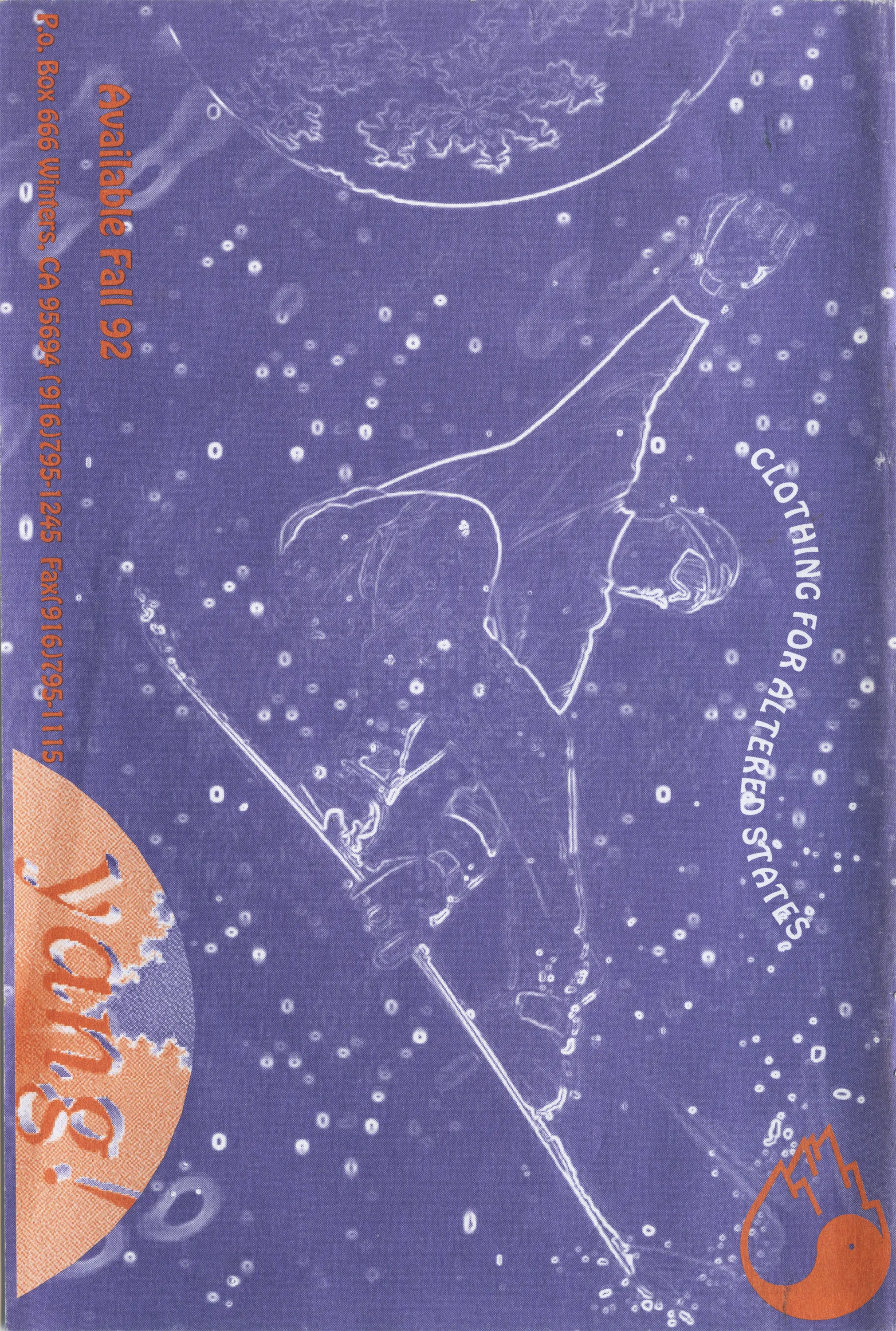 Purple-toned ad with a white line drawing of a leaping skier, orange "Yang!" logo, and text "Clothing for altered states."