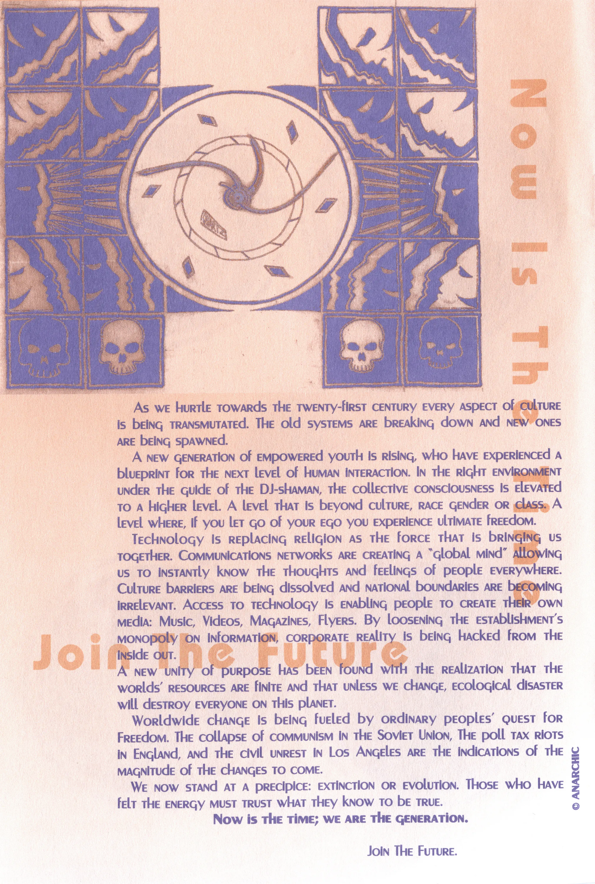 Zine page in blue and orange with a grid of lightning and skull tiles, a spiral turntable illustration, and a manifesto text ending "Join The Future."