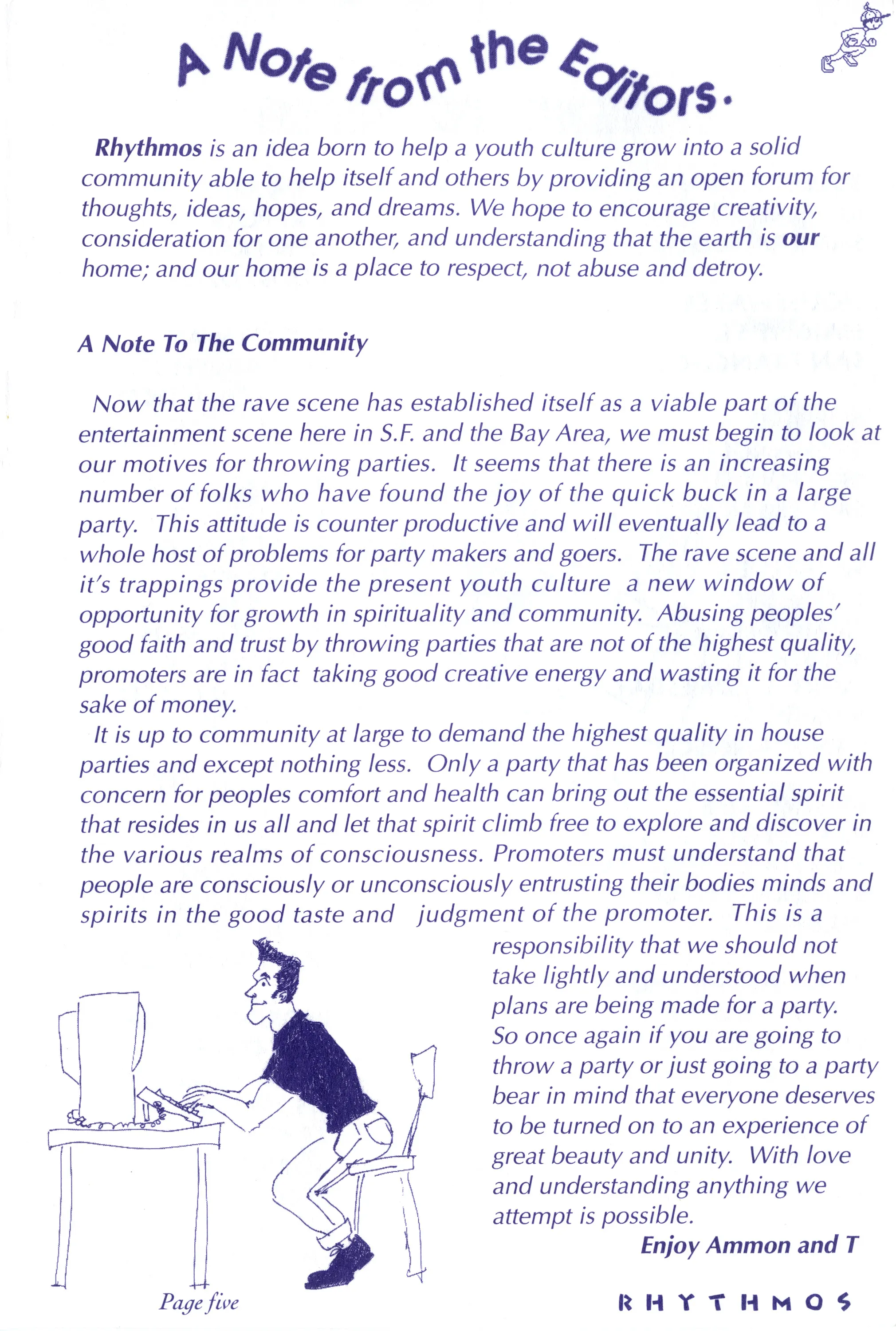 Zine page titled "A Note from the Editors" in blue text, with a line drawing of a person at a typewriter and the Rhythmos logo.