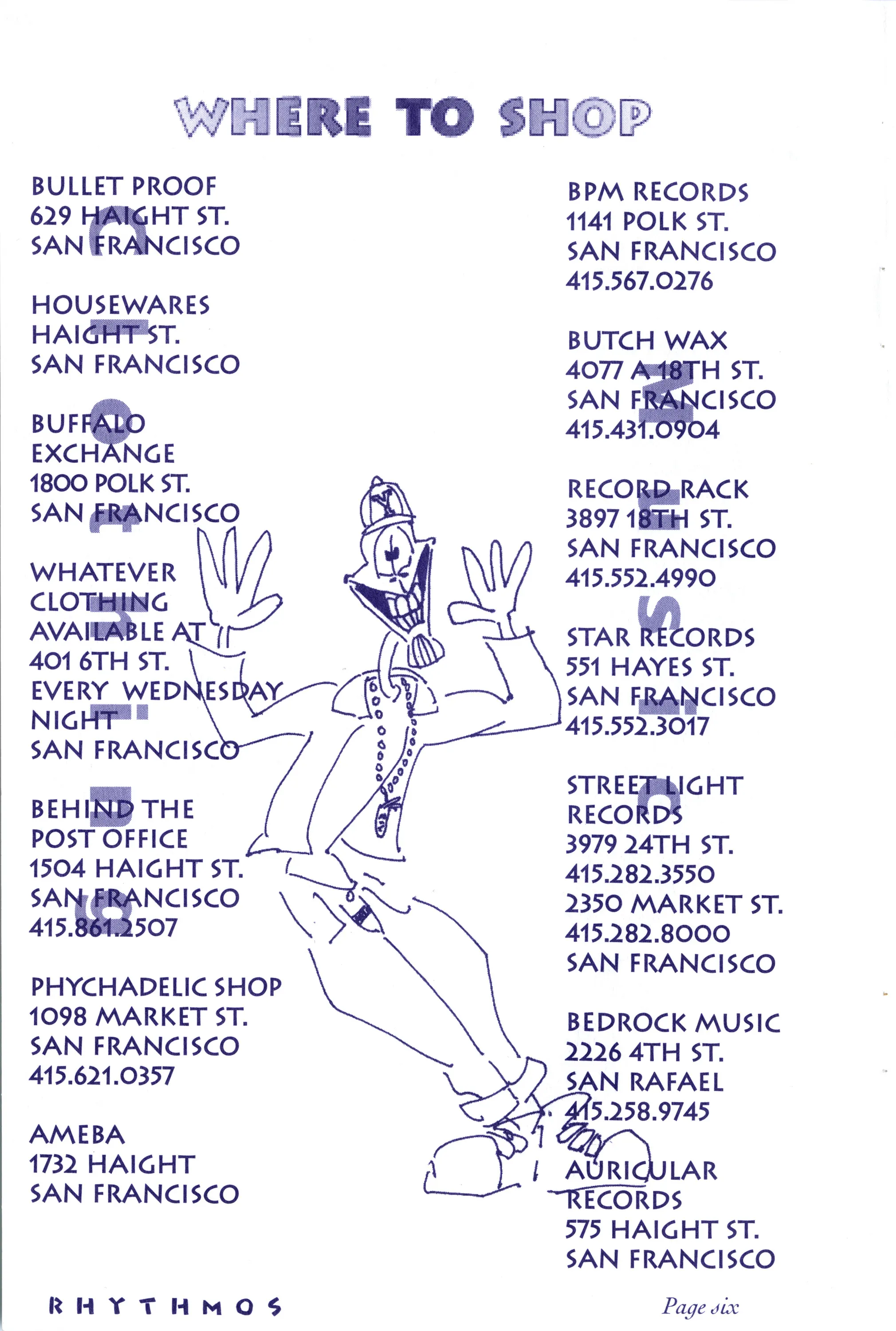 Zine page headed "Where to Shop" listing San Francisco record and clothing store addresses around a hand-drawn dancing figure.