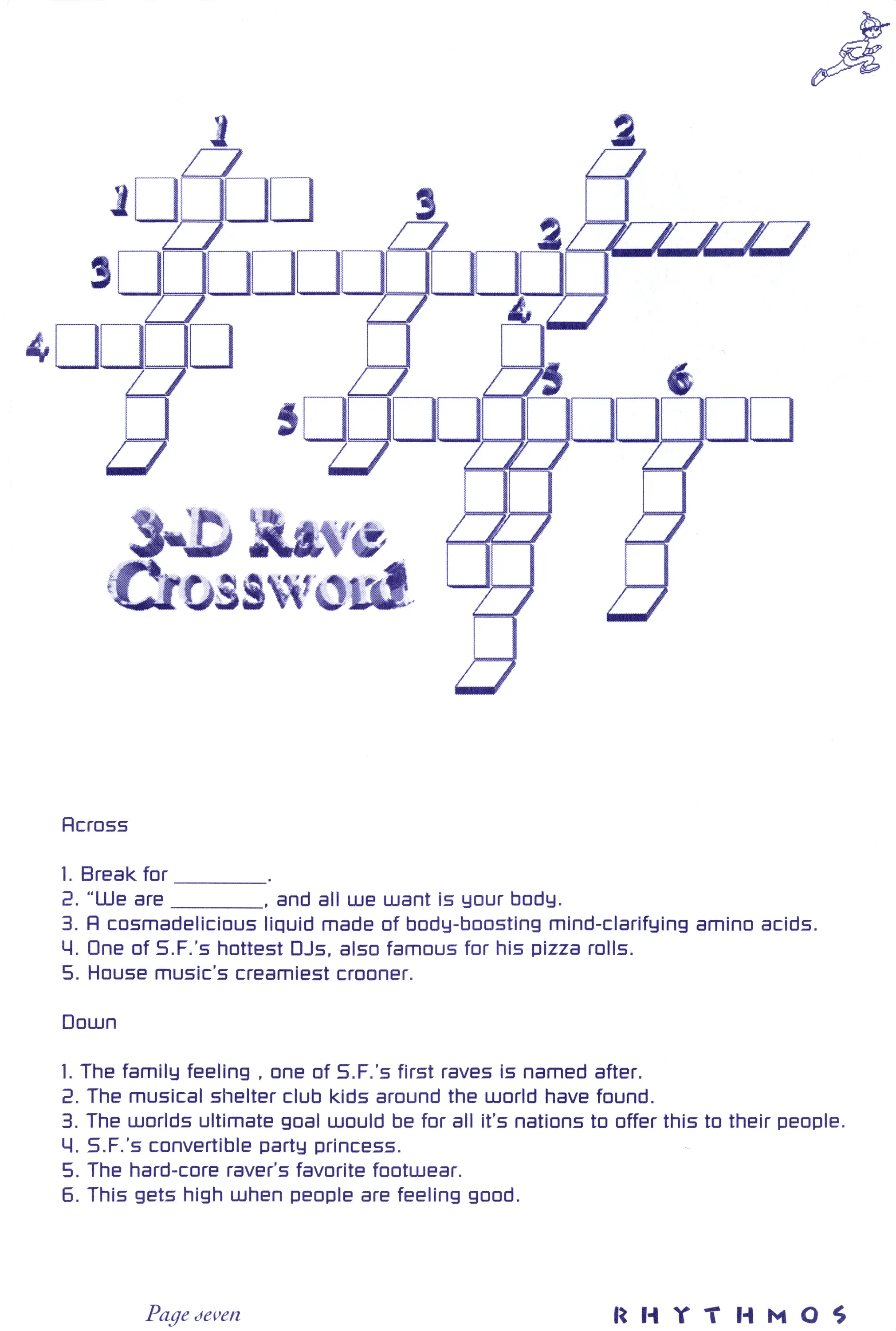 Zine page titled "3-D Rave Crossword" with an isometric blue puzzle grid above numbered Across and Down clues, footer "RHYTHMOS".