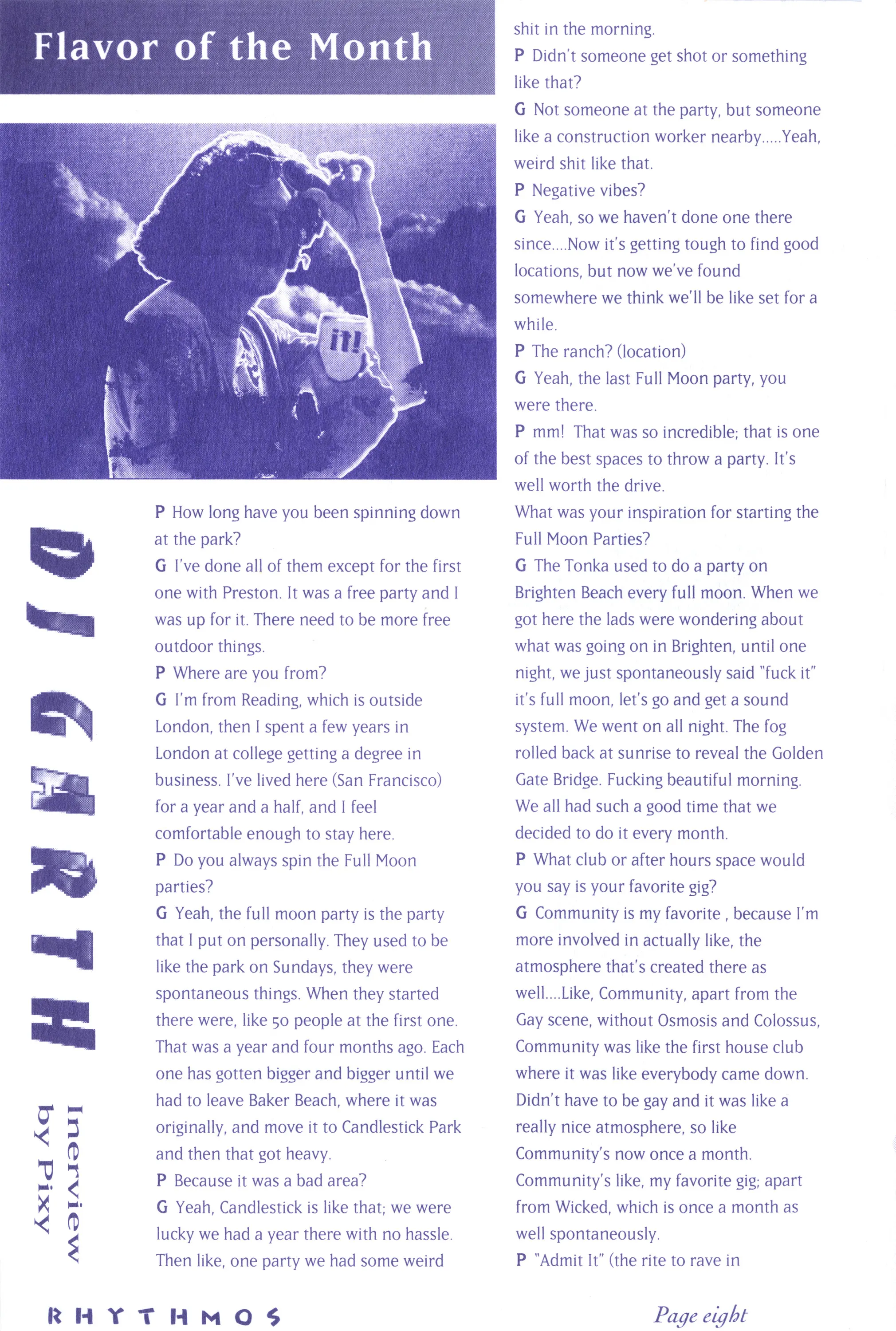 Purple-toned zine page titled "Flavor of the Month" with a photo of a DJ and a printed interview with DJ Garth.