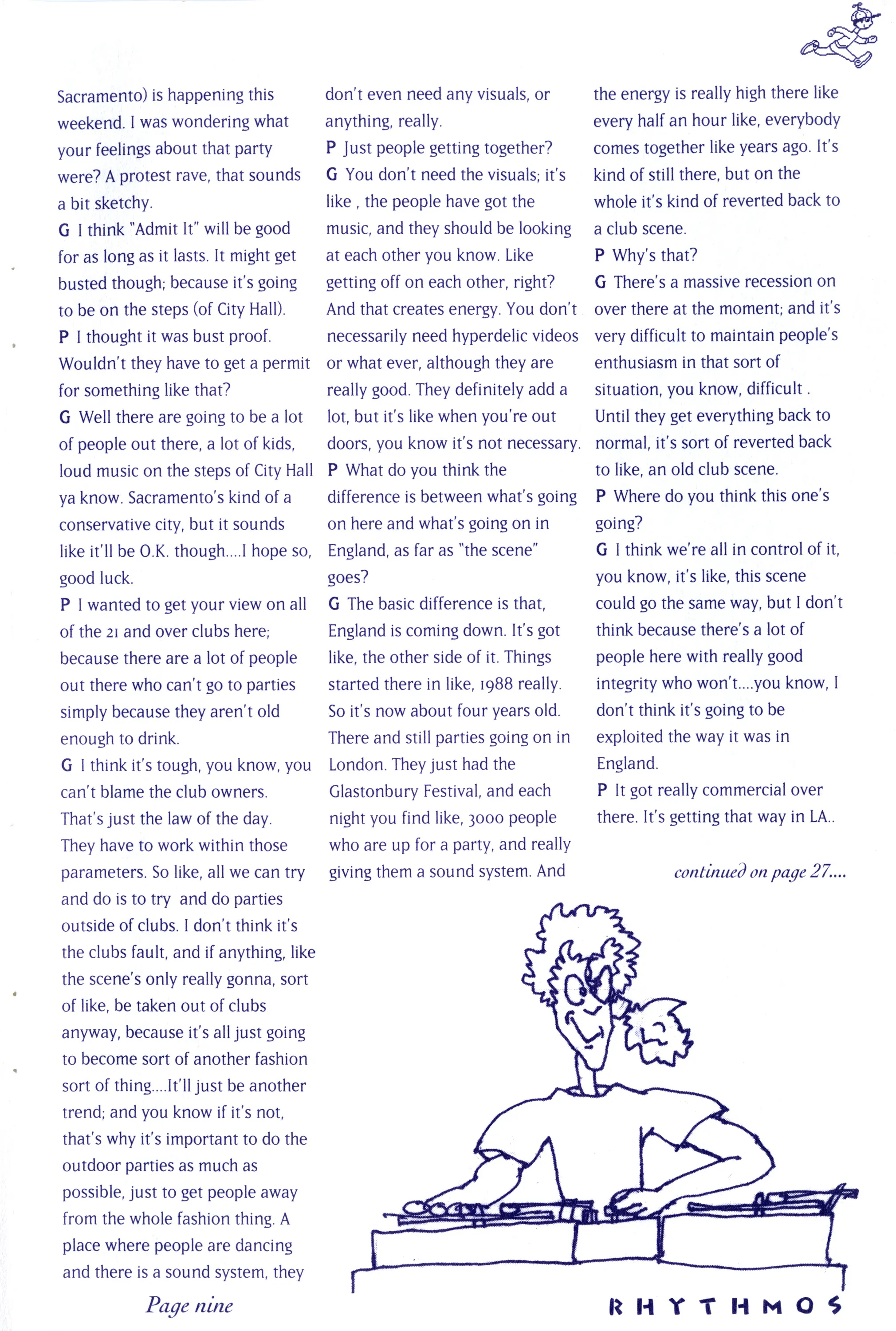 Zine page of three-column interview text with a line drawing of a DJ at turntables and the word RHYTHMOS.
