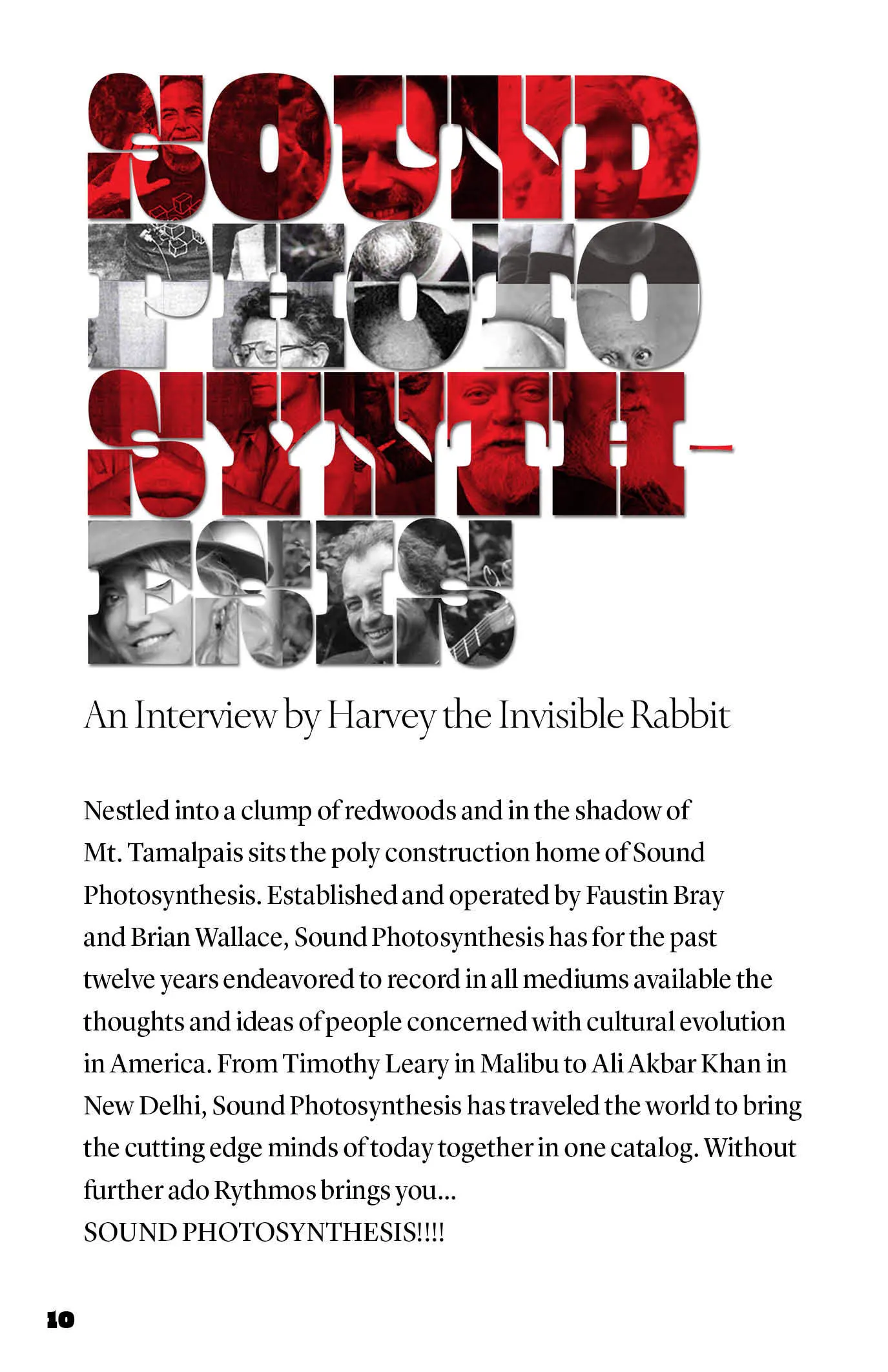 Magazine page with "Sound Photosynthesis" in red display type filled with photo portraits, above an interview intro.