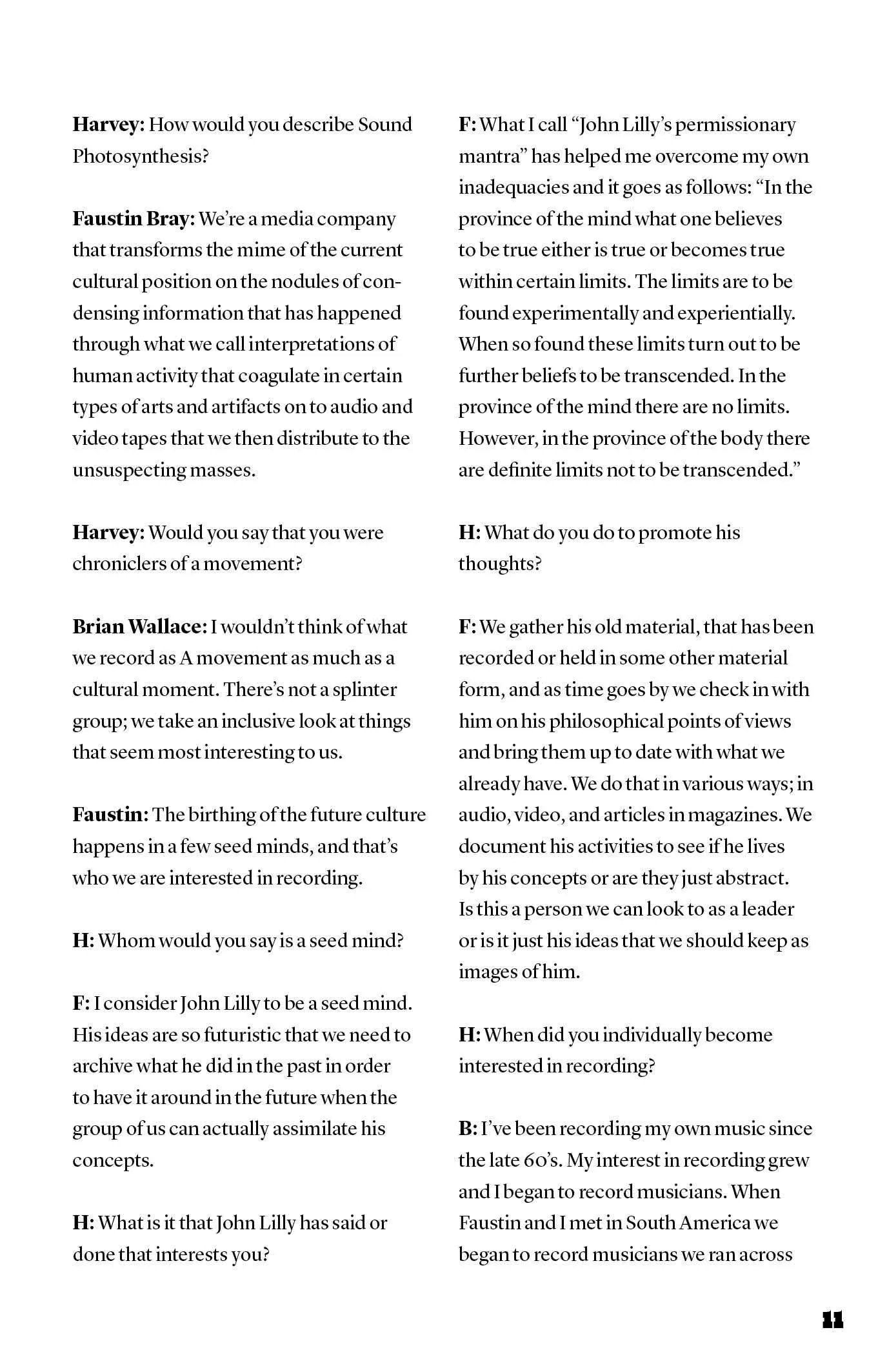Two-column printed interview page with a Q&A between Harvey, Faustin Bray, and Brian Wallace, numbered 11.