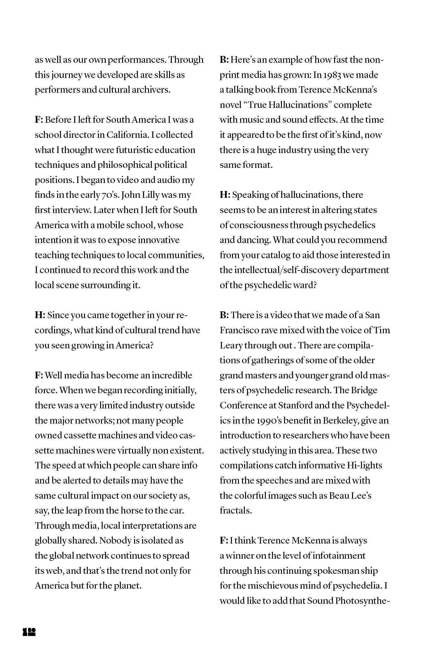 A two-column printed magazine page of an interview transcript with speakers marked by initials, page number at bottom left.