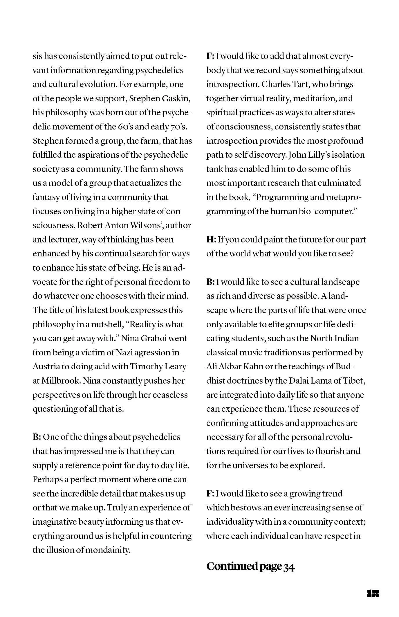 A two-column magazine page of an interview about psychedelics and consciousness, ending with "Continued page 34".