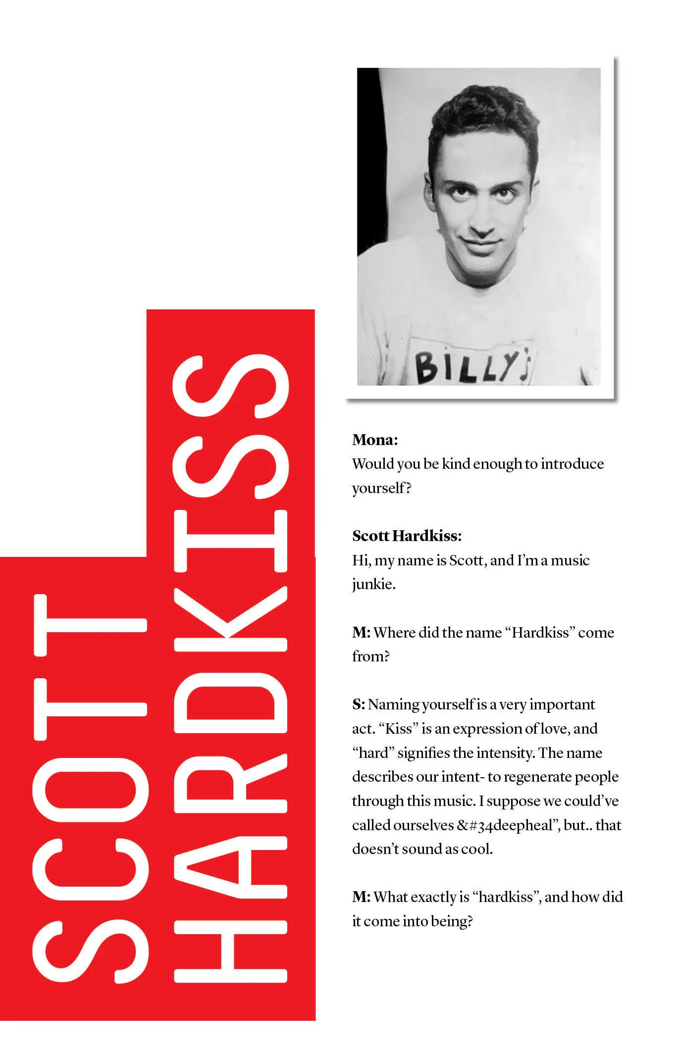 Magazine interview page with "Scott Hardkiss" in large red vertical type and a black-and-white portrait of a man in a "Billy" shirt.