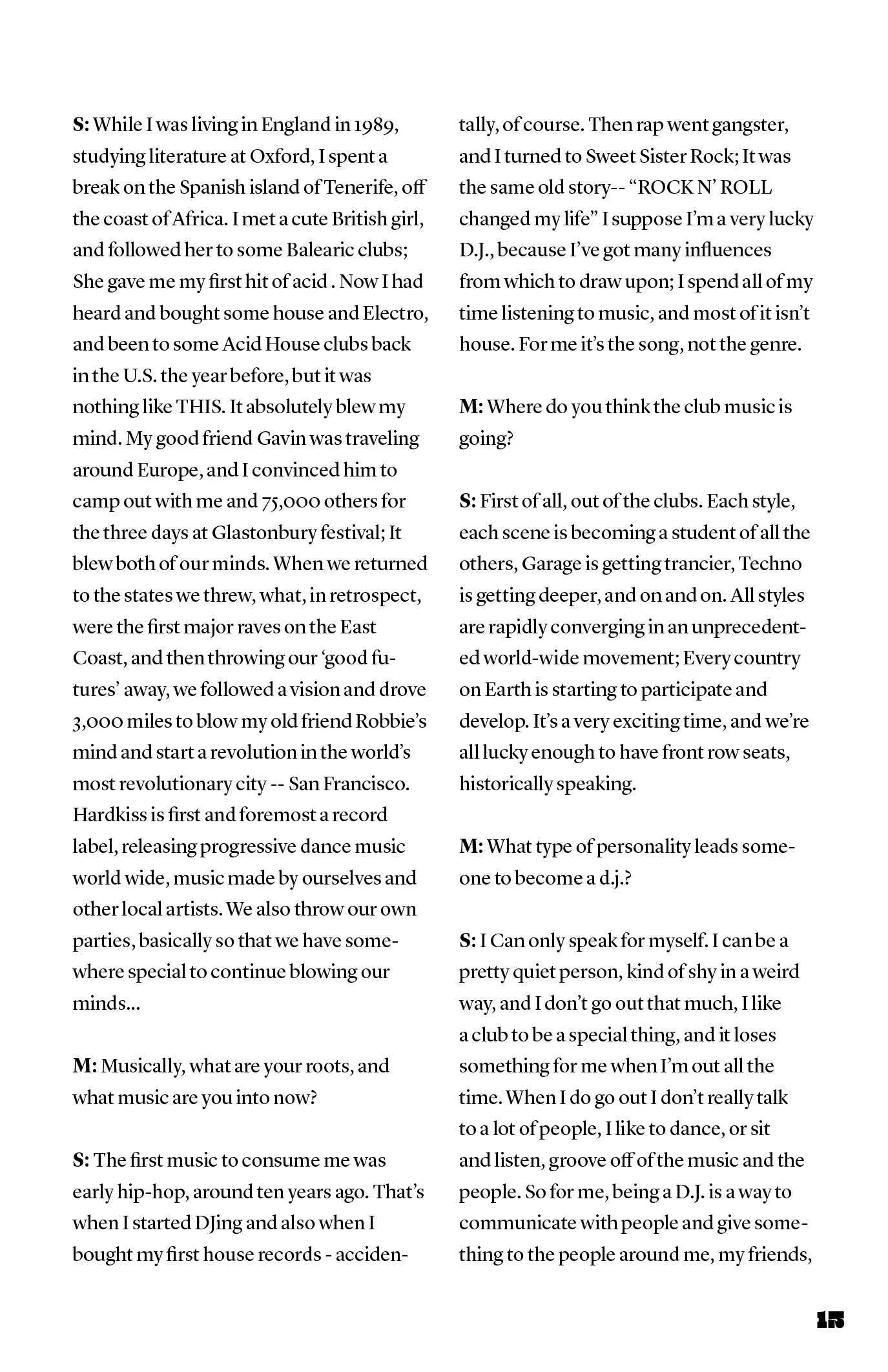 A two-column printed magazine page of a Q&A interview about rave and house music, page numbered 15.