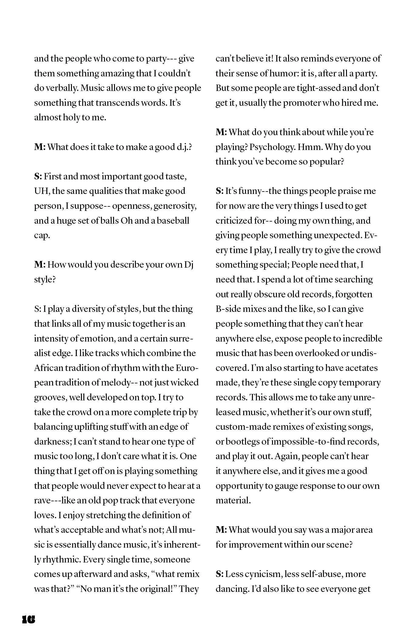 Two-column zine page of an interview transcript with a DJ, marked M and S, page number 16 at lower left.