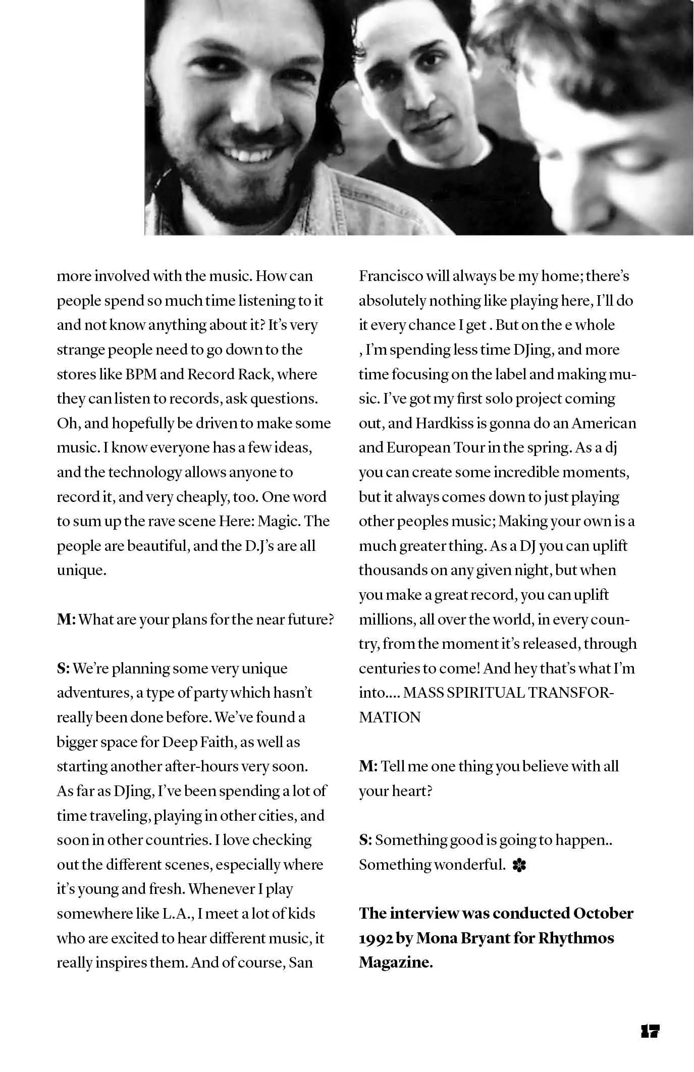 Magazine page with a black-and-white photo of three young men above two columns of interview text, page 17.