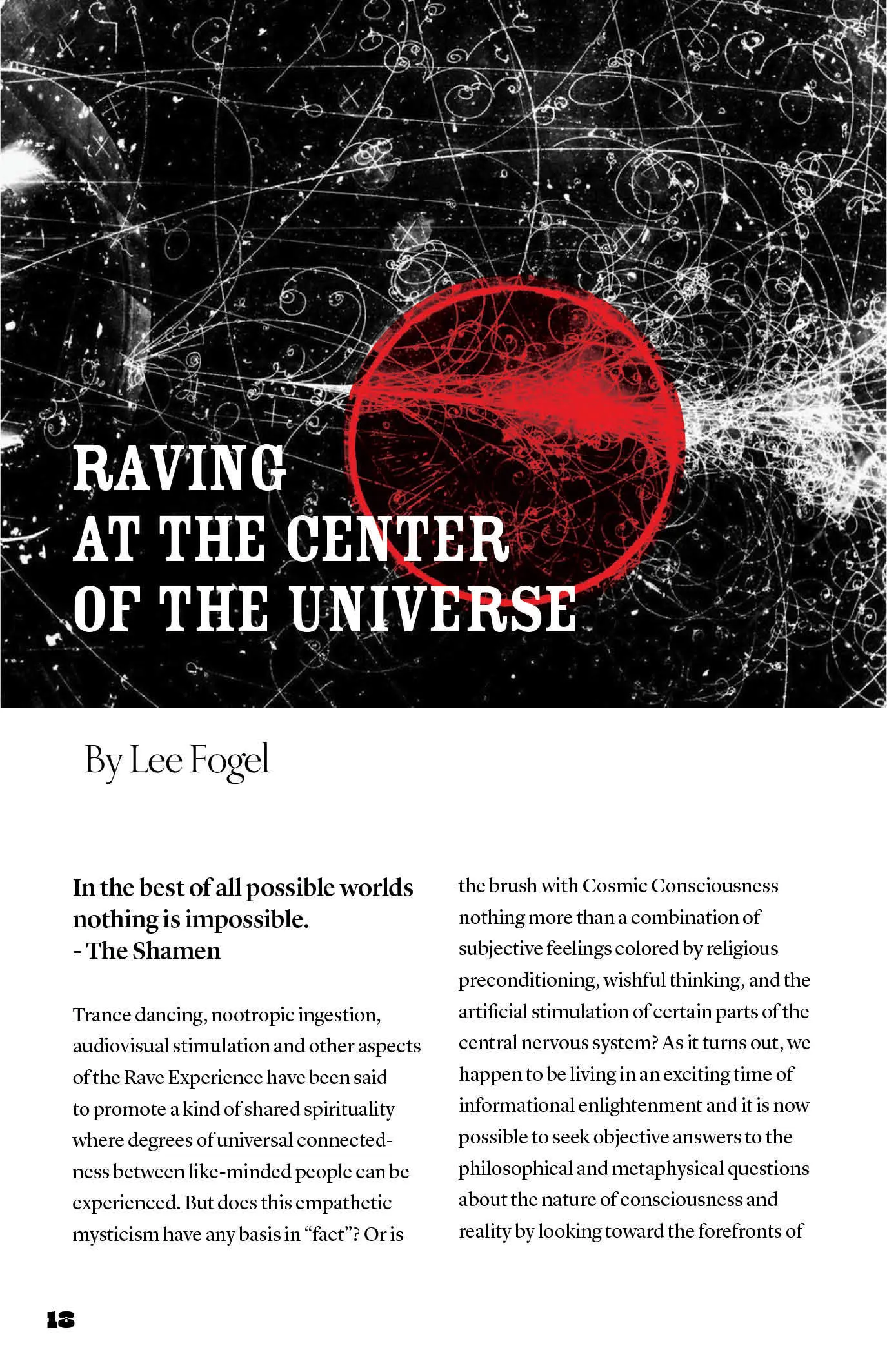 Magazine spread titled "Raving at the Center of the Universe" by Lee Fogel, with a red circle over black particle-trail imagery.