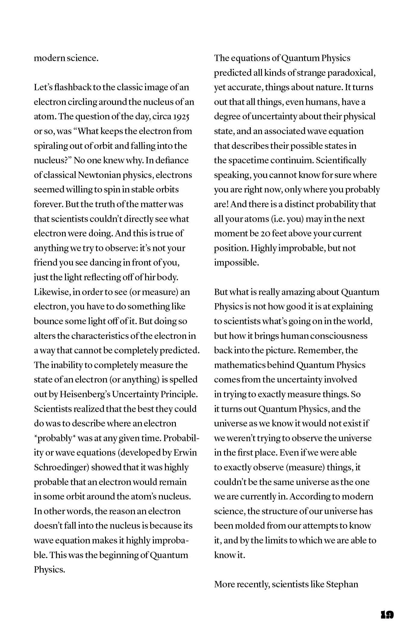 A two-column page of printed text discussing quantum physics and electron orbits, numbered 19 at the bottom right.