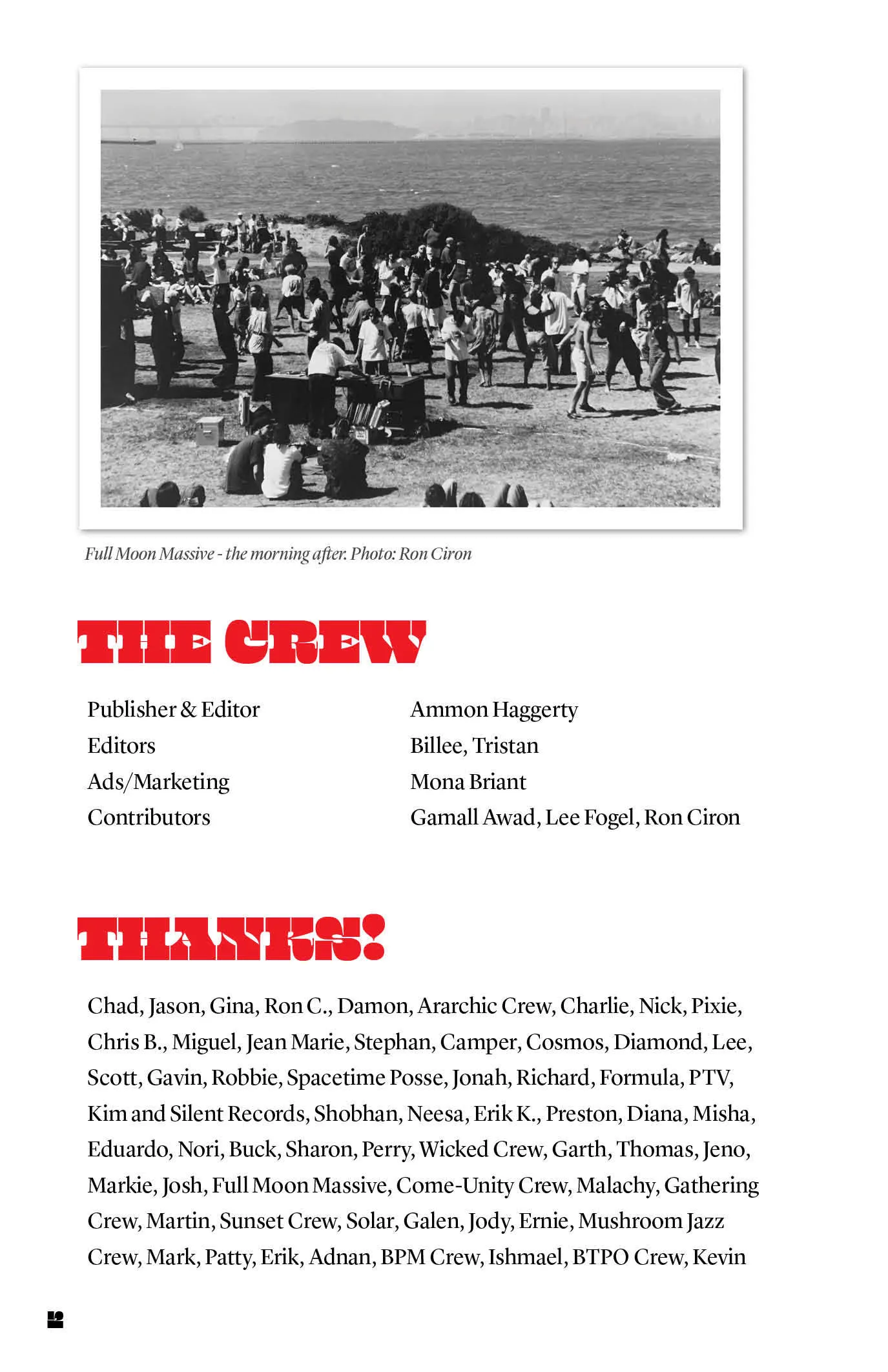 Zine credits page with a black-and-white photo of a crowd gathered on a coastal hillside, captioned "Full Moon Massive - the morning after," above red headers "The Crew" and "Thanks!" with name lists.