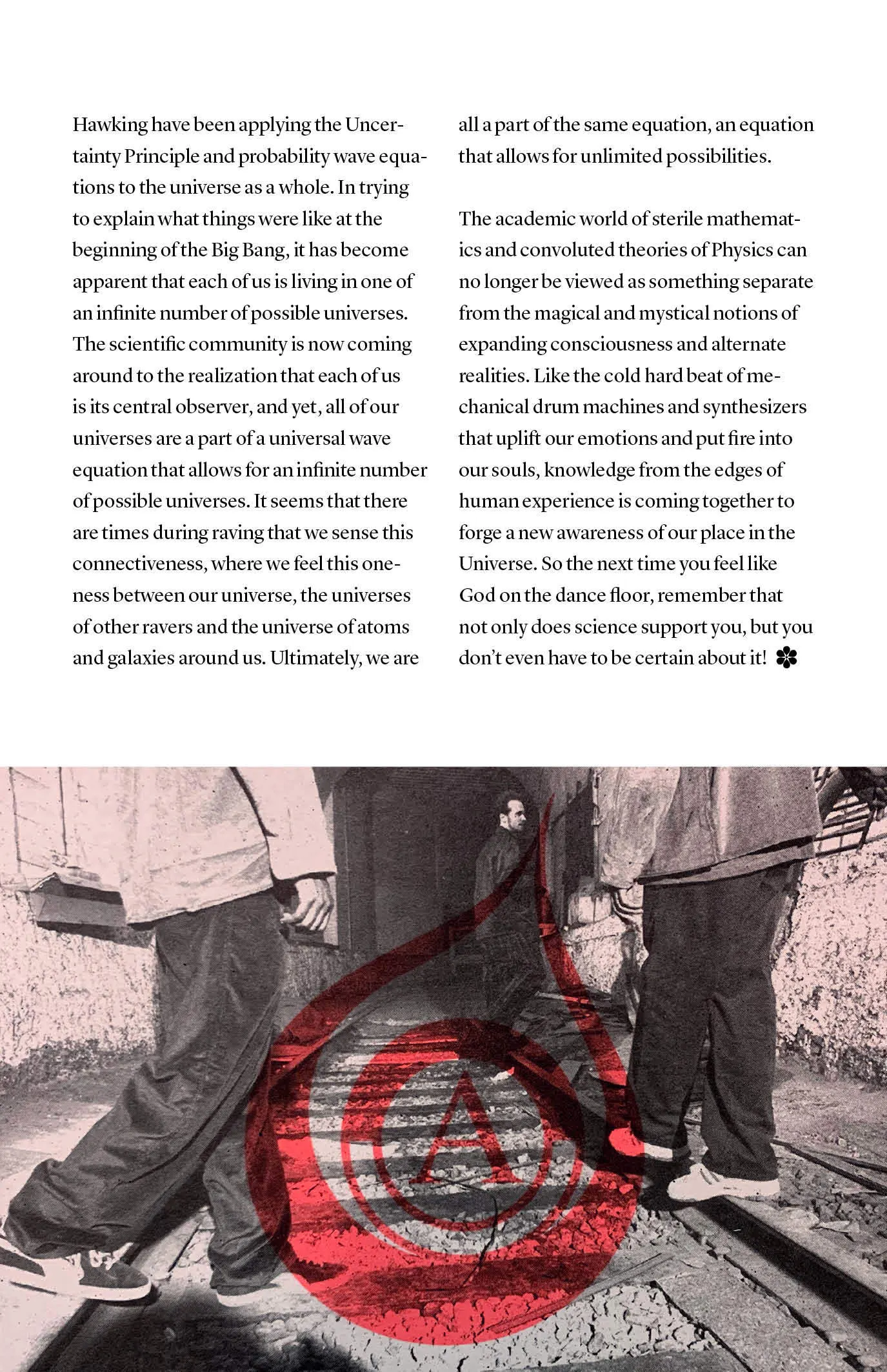Zine page with two columns of text about physics and rave culture above a black-and-white photo of people standing on pavement overlaid with a red circular graphic.