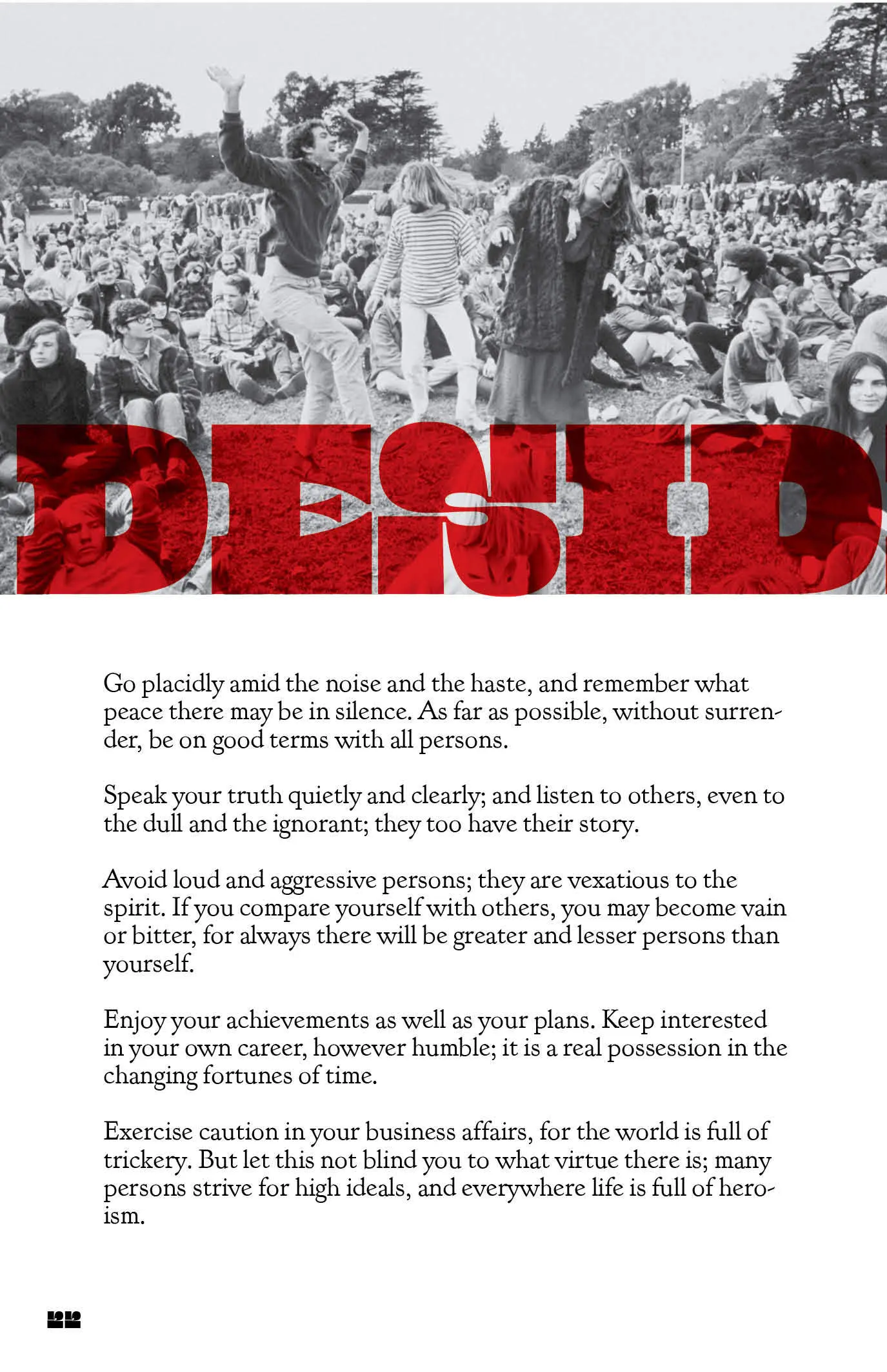 Poster with a black-and-white photo of a crowd in a park, overlaid with large red type reading "DESID", above the text of Desiderata.