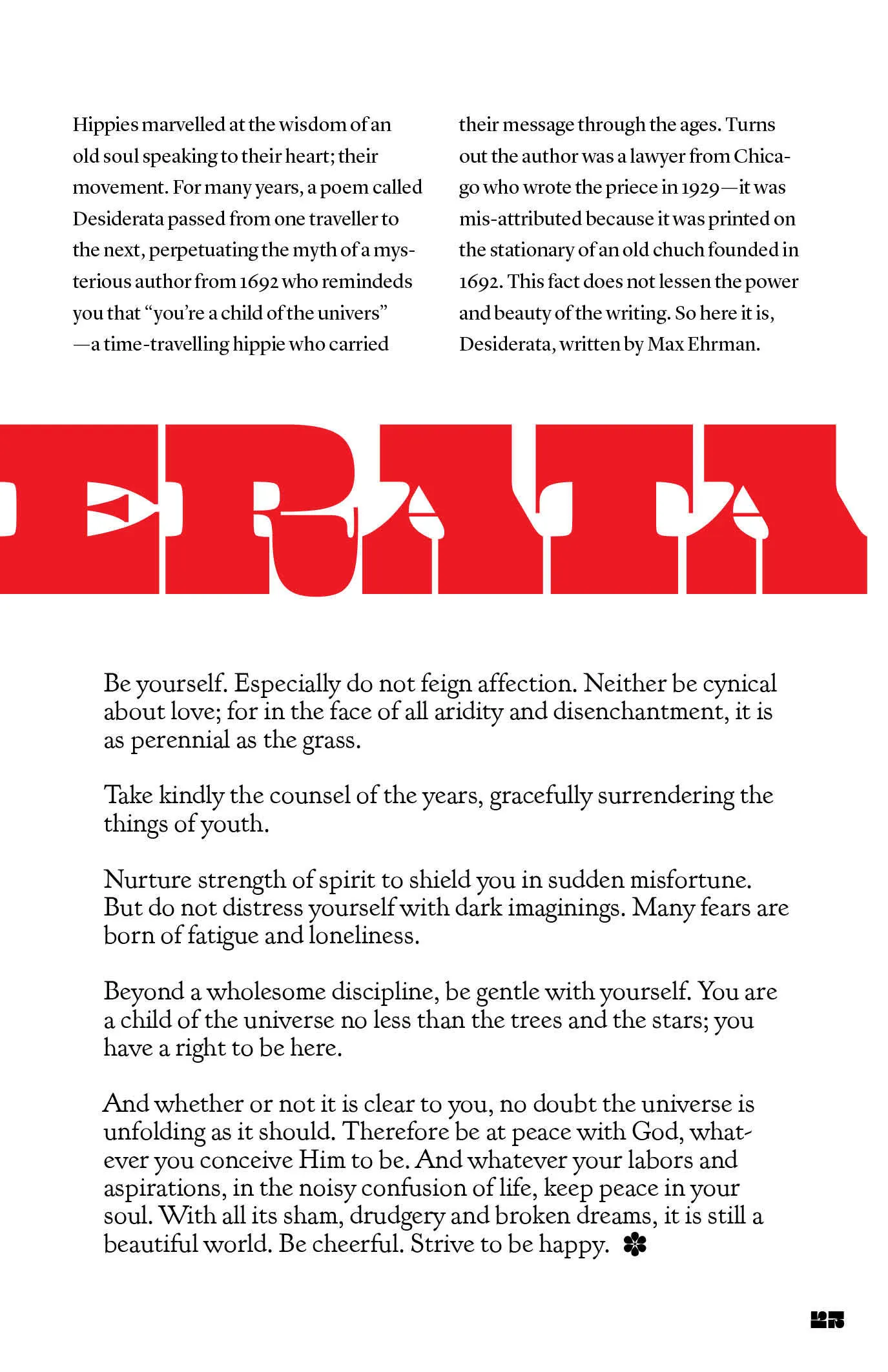 Magazine page with two columns of intro text above a large red cropped display headline "ERATA" and the poem Desiderata set below.