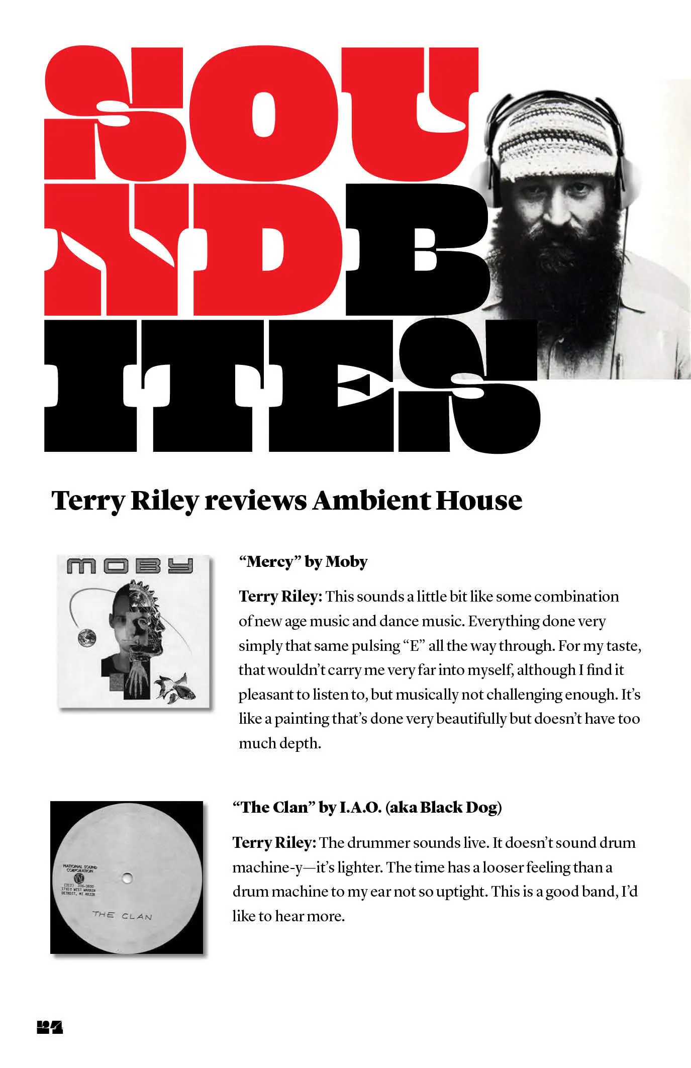 Magazine page titled "Soundbites" in bold red and black type with a bearded man in headphones, above "Terry Riley reviews Ambient House" with record sleeve images and text.