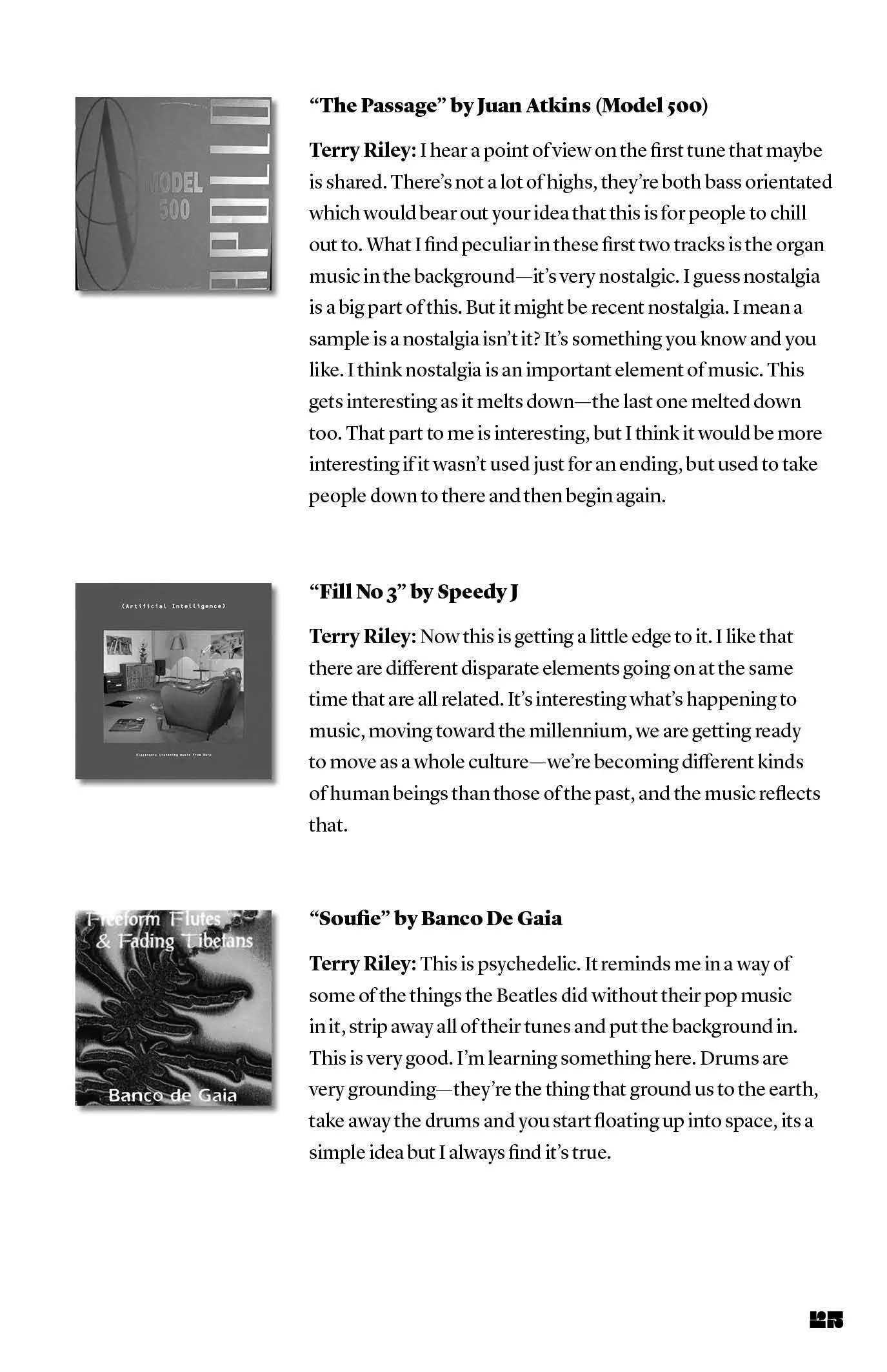 Magazine page with three album cover thumbnails beside Terry Riley's track-by-track commentary on Model 500, Speedy J and Banco de Gaia.
