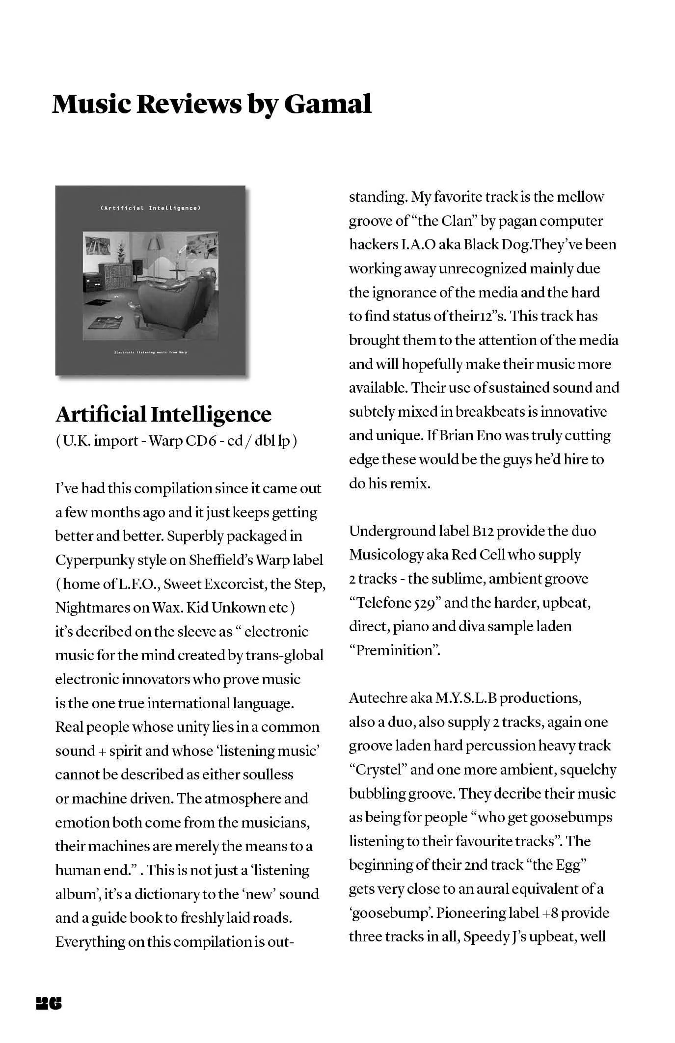 Zine page headed "Music Reviews by Gamal" with the Warp "Artificial Intelligence" album cover and two columns of text.