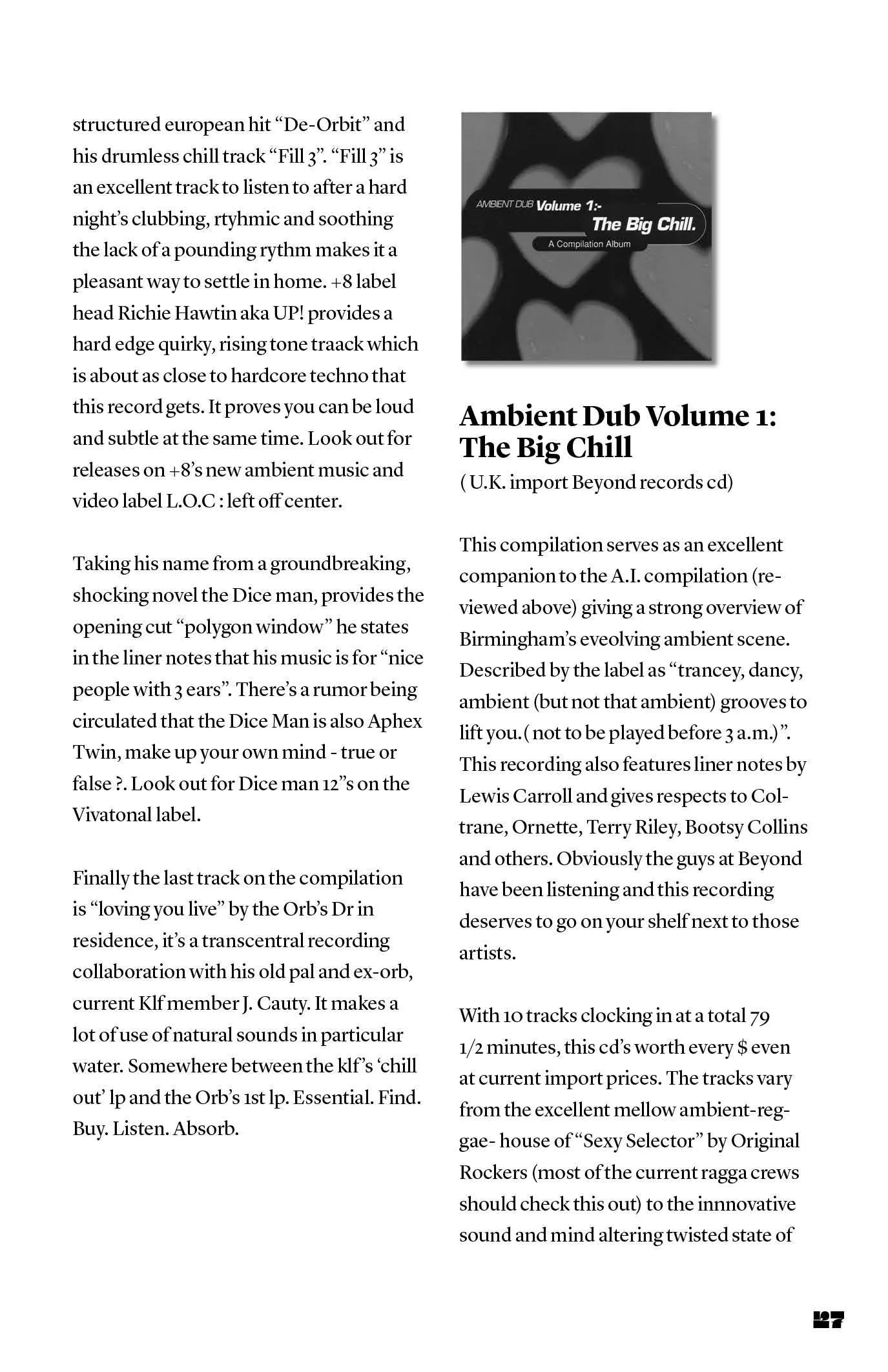 Zine page with two columns of record review text and a CD cover for "Ambient Dub Volume 1: The Big Chill."