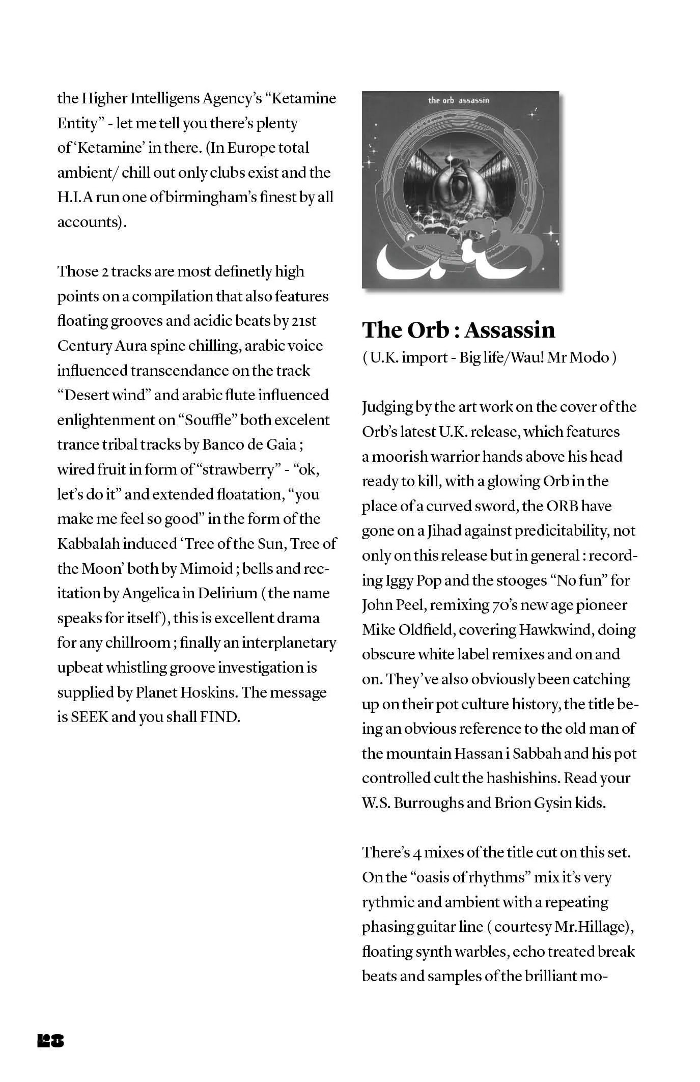 A magazine page in two columns of review text with a record cover image for The Orb : Assassin at top right.
