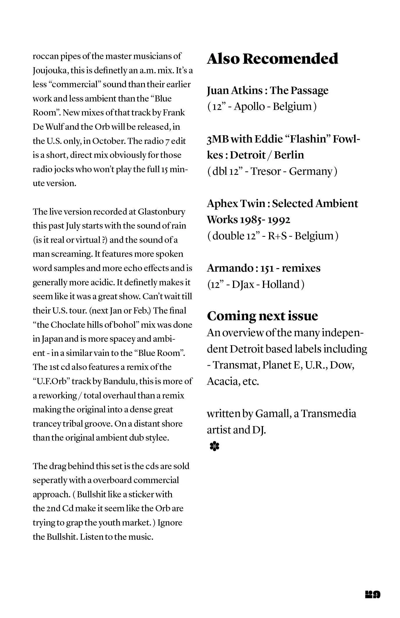 Zine page with a two-column record review continuing on the left and an "Also Recomended" list plus "Coming next issue" note on the right.