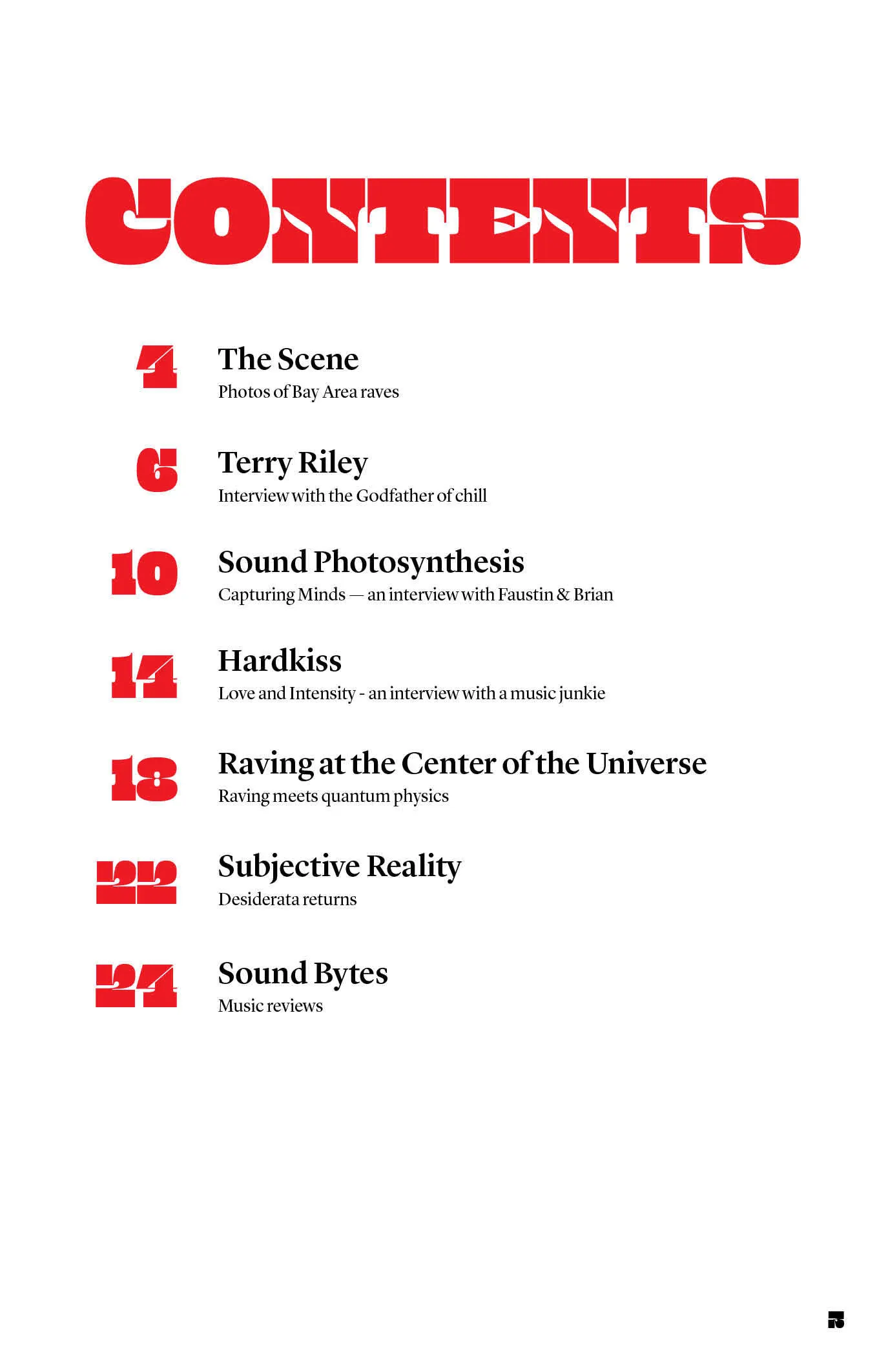 Magazine contents page with bold red "CONTENTS" headline listing articles including Terry Riley, Hardkiss and Sound Bytes.