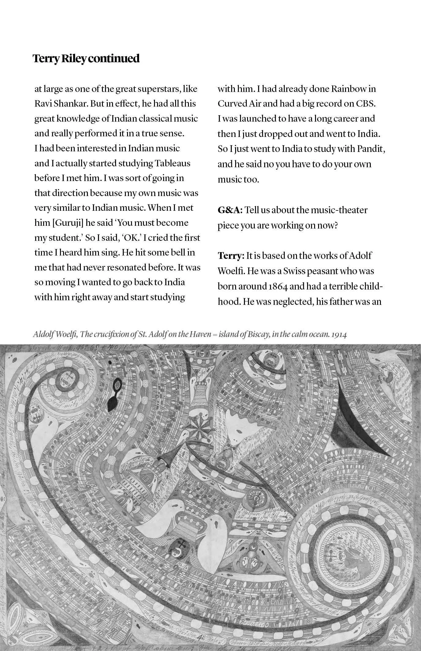 Magazine page titled "Terry Riley continued" with two columns of interview text above a dense spiral Adolf Wfdolfli drawing.