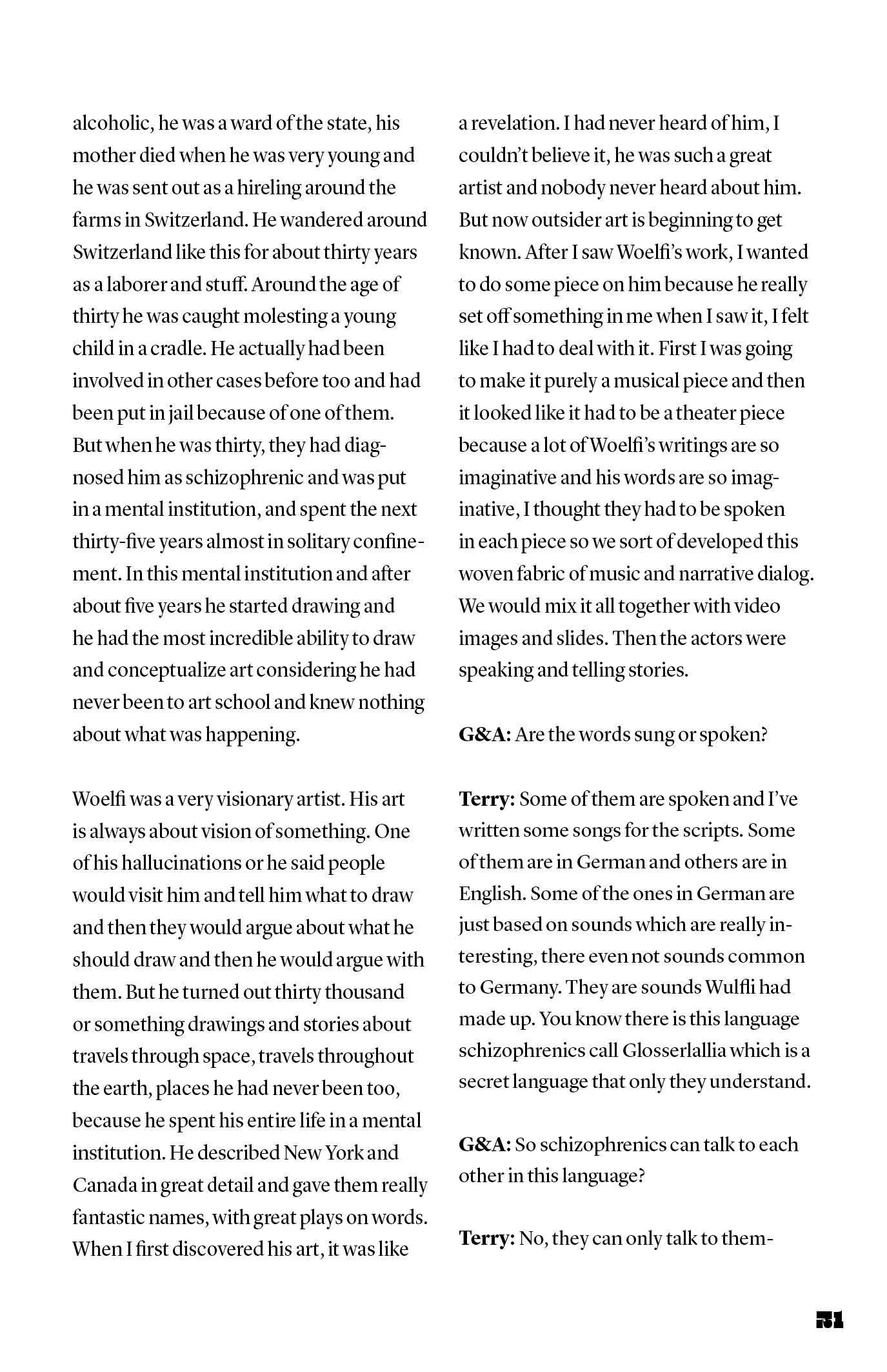 A two-column magazine page of an interview about the artist Woelfli, with bolded Q&A prompts and a page number in the corner.