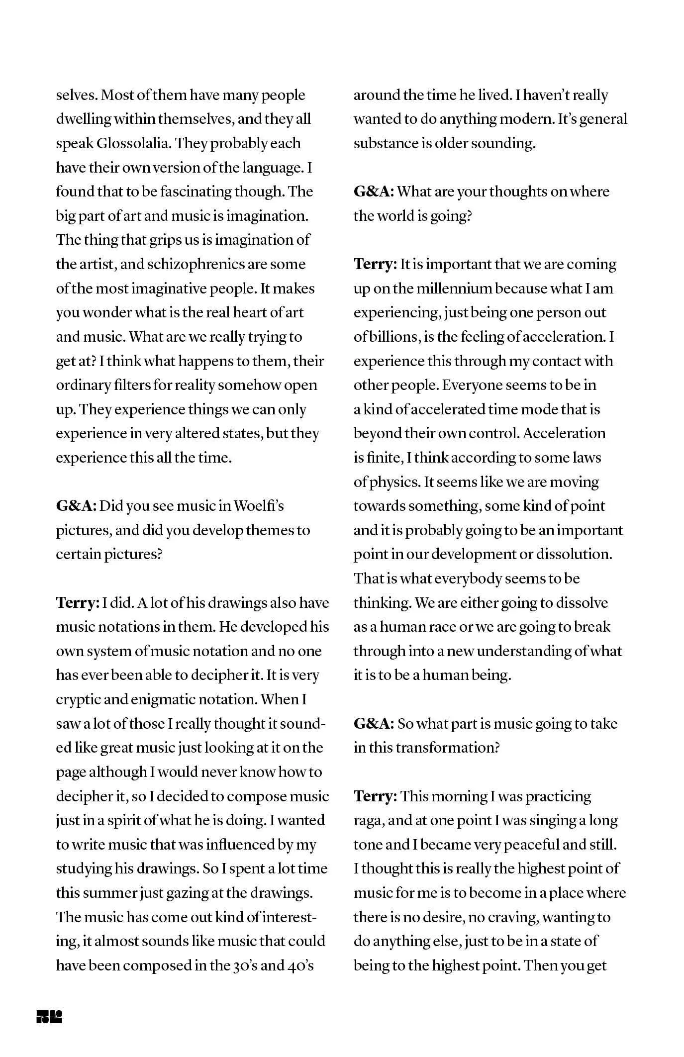 A two-column printed interview page with Q&A exchanges labeled "G&A" and "Terry" discussing art, music and the future.