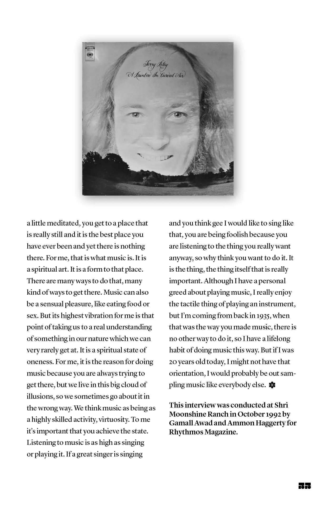 Magazine page with a black-and-white album cover portrait of a smiling long-haired man above two columns of interview text.